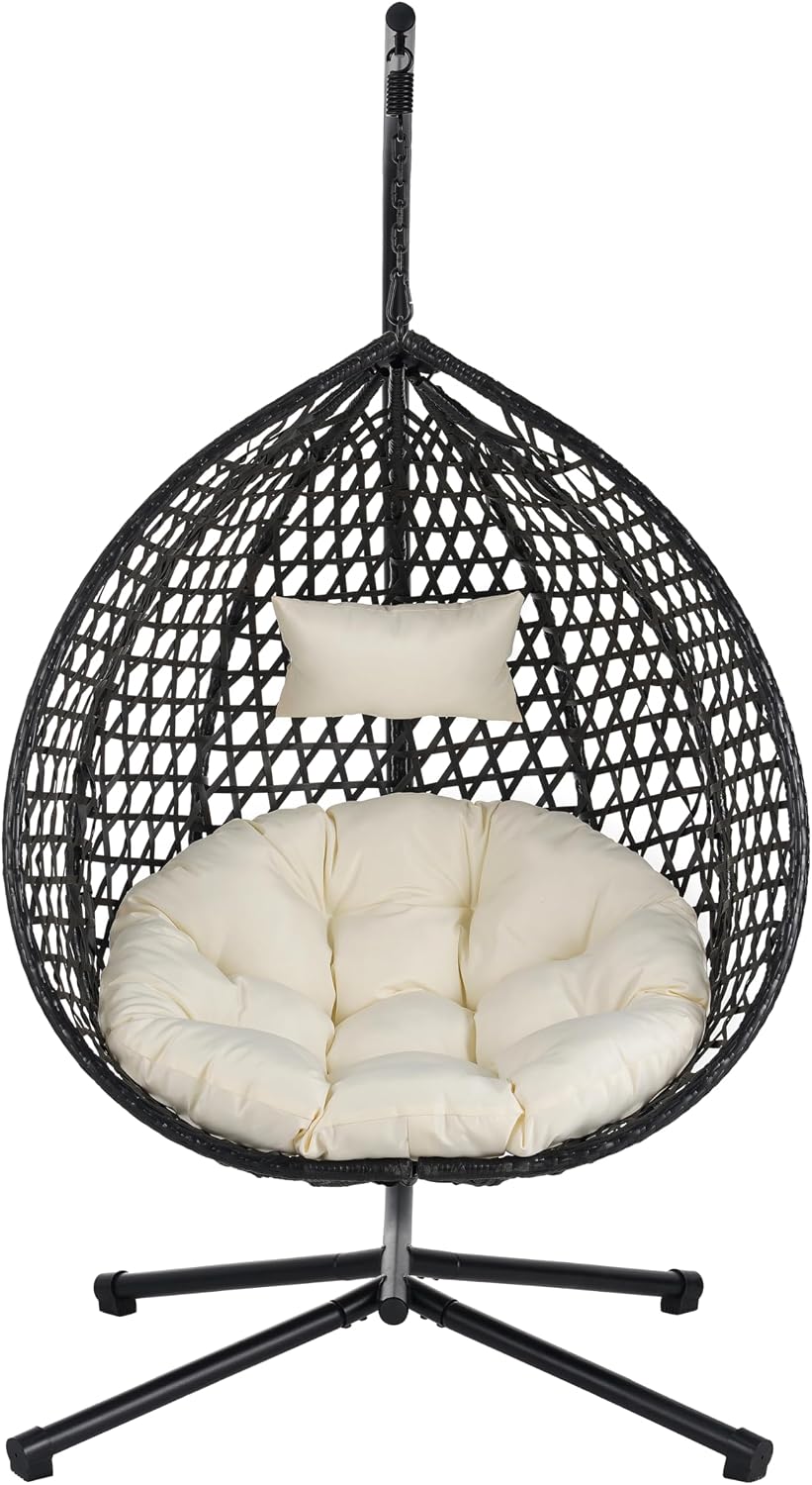 Egg Hanging Chair with Stand, Indoor Outdoor Hammock Egg Chair with Cushion for Patio Bedroom Balconyg Egg Chair (Beige+Beige)