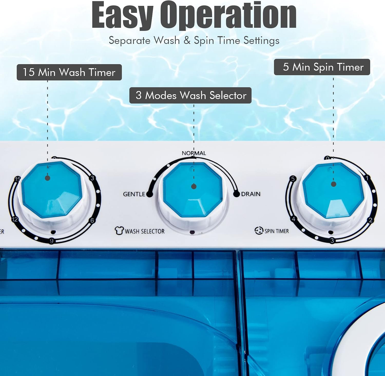 COSTWAY Portable Washing Machine, 2-in-1 Twin Tub 26lbs Capacity Laundry Washer(18lbs) and Spinner(8lbs) with Control Knobs, Timer Function, Drain Pump, Perfect for Home Apartment RV, Blue