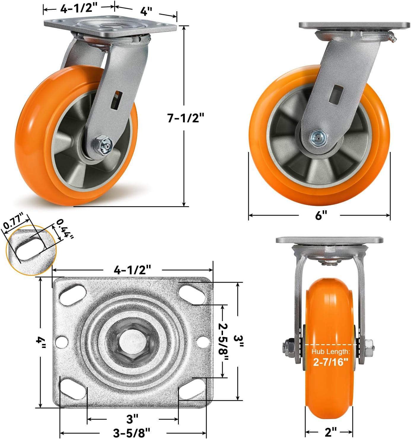 6' Caster Wheels Heavy Duty, Crowned Tread Aluminum Core Thickened Polyurethane Casters Set of 4 with Load 4800lbs Capacity, Industrial Swivel Caster Wheels for Cart Toolbox (4 Swivel)
