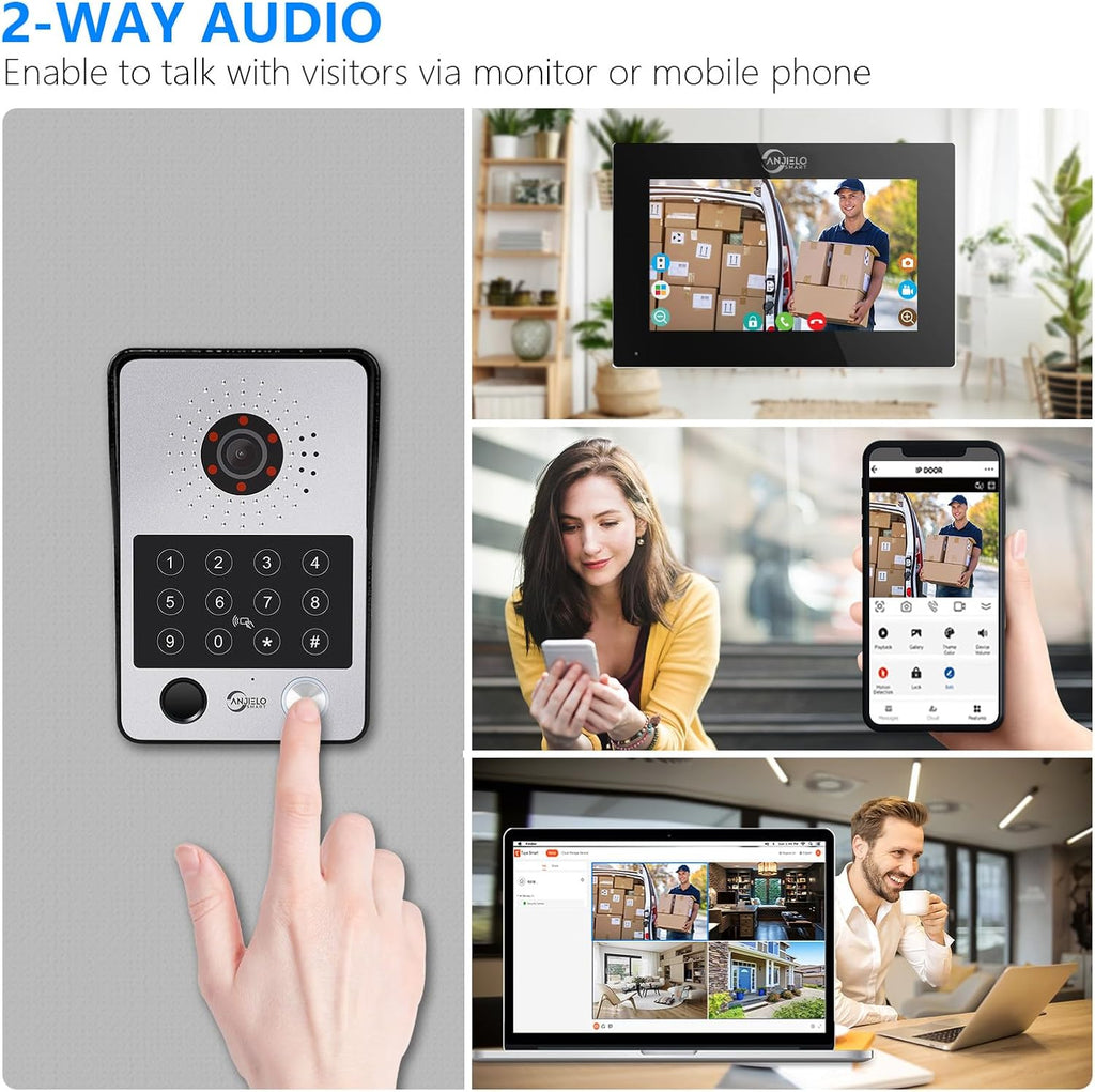 7-Inch Smart Video Intercom System,1080P HD Wired Doorbell with Touchscreen Monitor,Fingerprint, RFID & PIN Unlock,Tuya Smart App Control,Ideal for Homes, Villas & Apartments (1 doorbell + 4 Monitor)