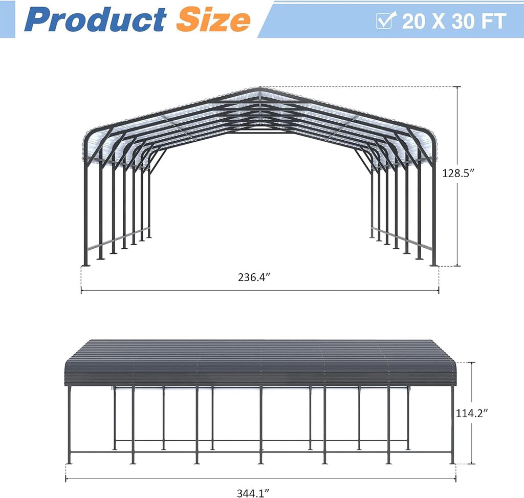 AirWire 20x30 FT Metal Carport Canopy Heavy Duty with Reinforced Base and Galvanized Steel Roof & Frame, 2 Car Garage Shelter for Cars, Boats and Trucks