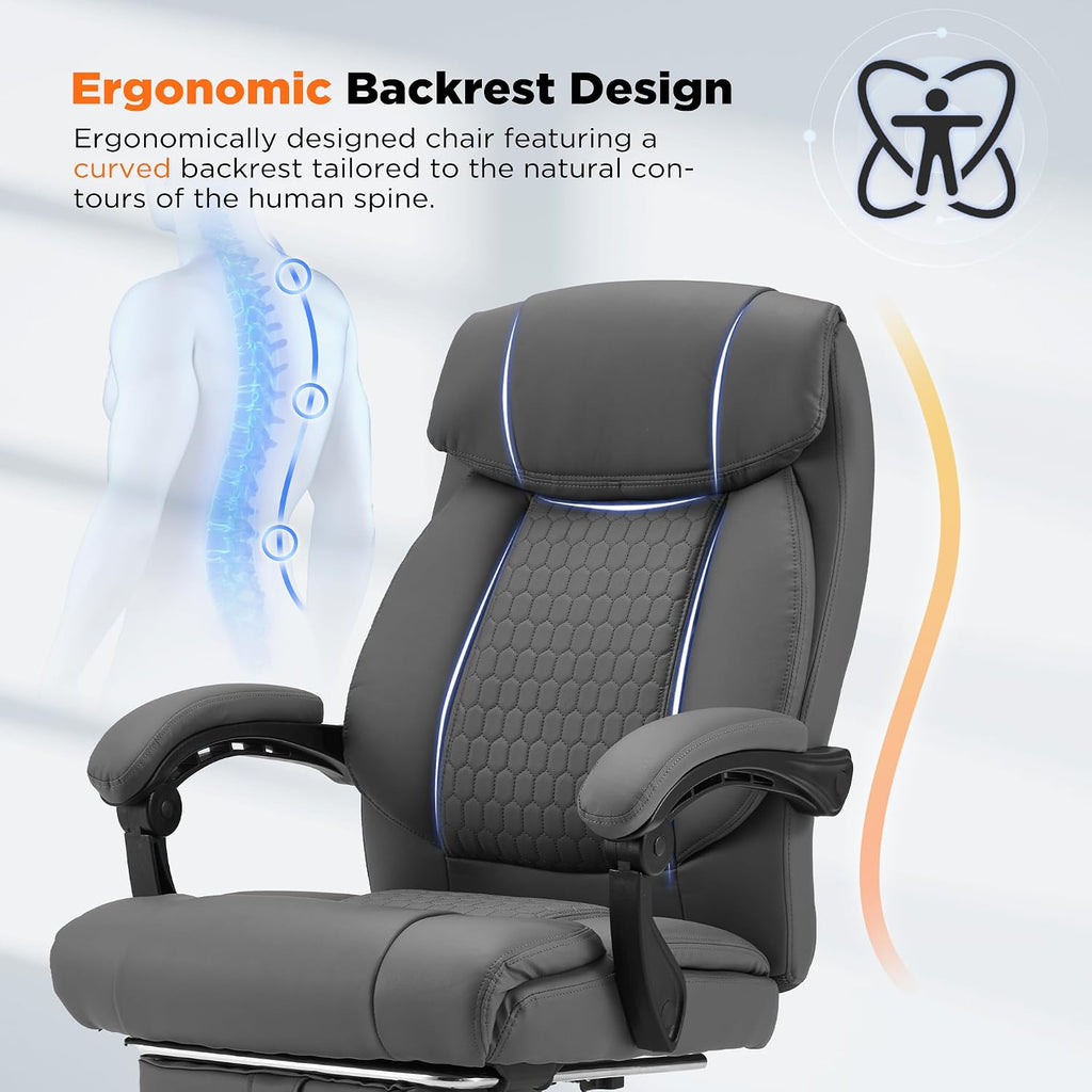 HOMREST 4-Point Massage Office Chair with Heating and Footrest, Reclining Executive Leather Desk Chair, Ergonomic Heated Managerial Chair for Home Office, Grey