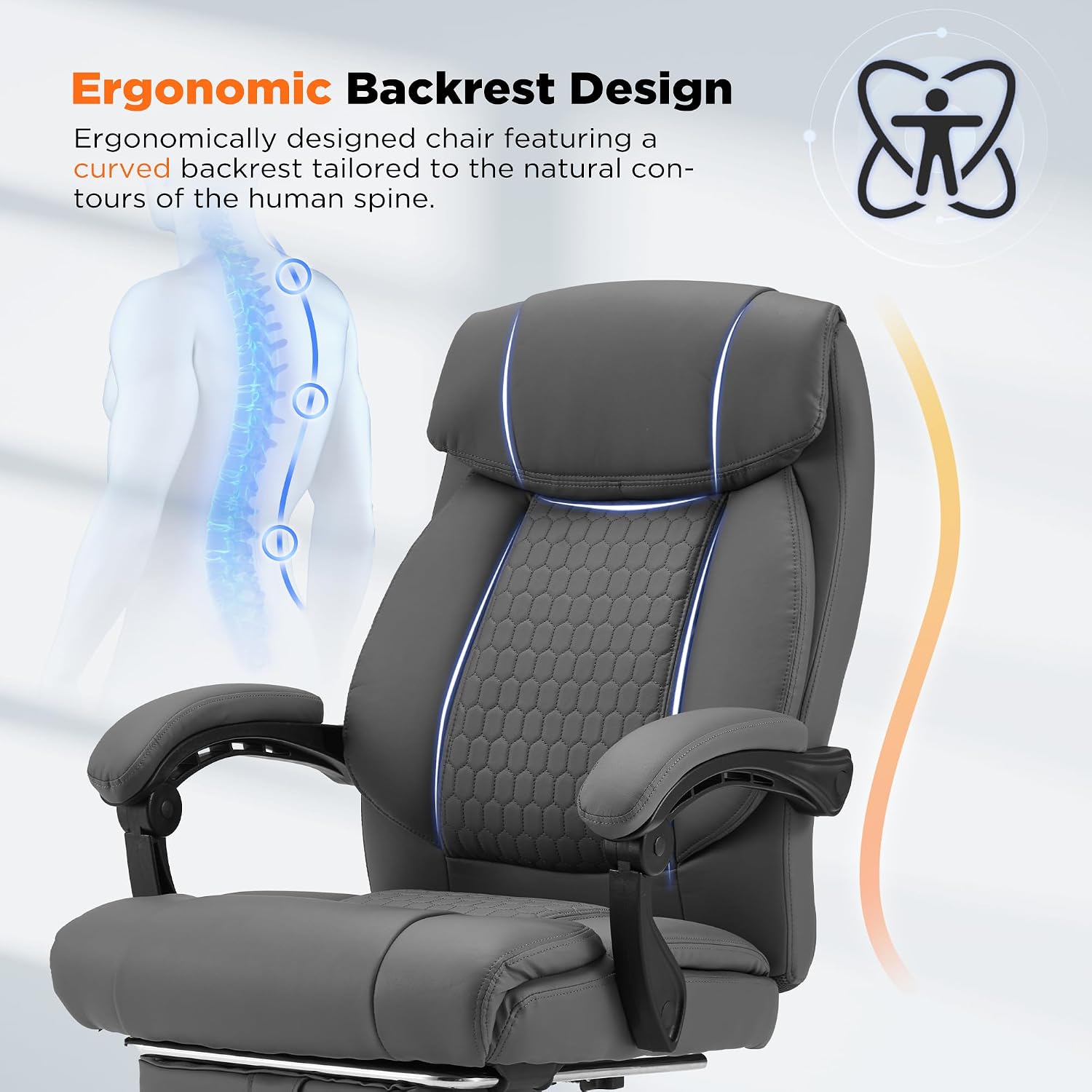 HOMREST 4-Point Massage Office Chair with Heating and Footrest, Reclining Executive Leather Desk Chair, Ergonomic Heated Managerial Chair for Home Office, Grey
