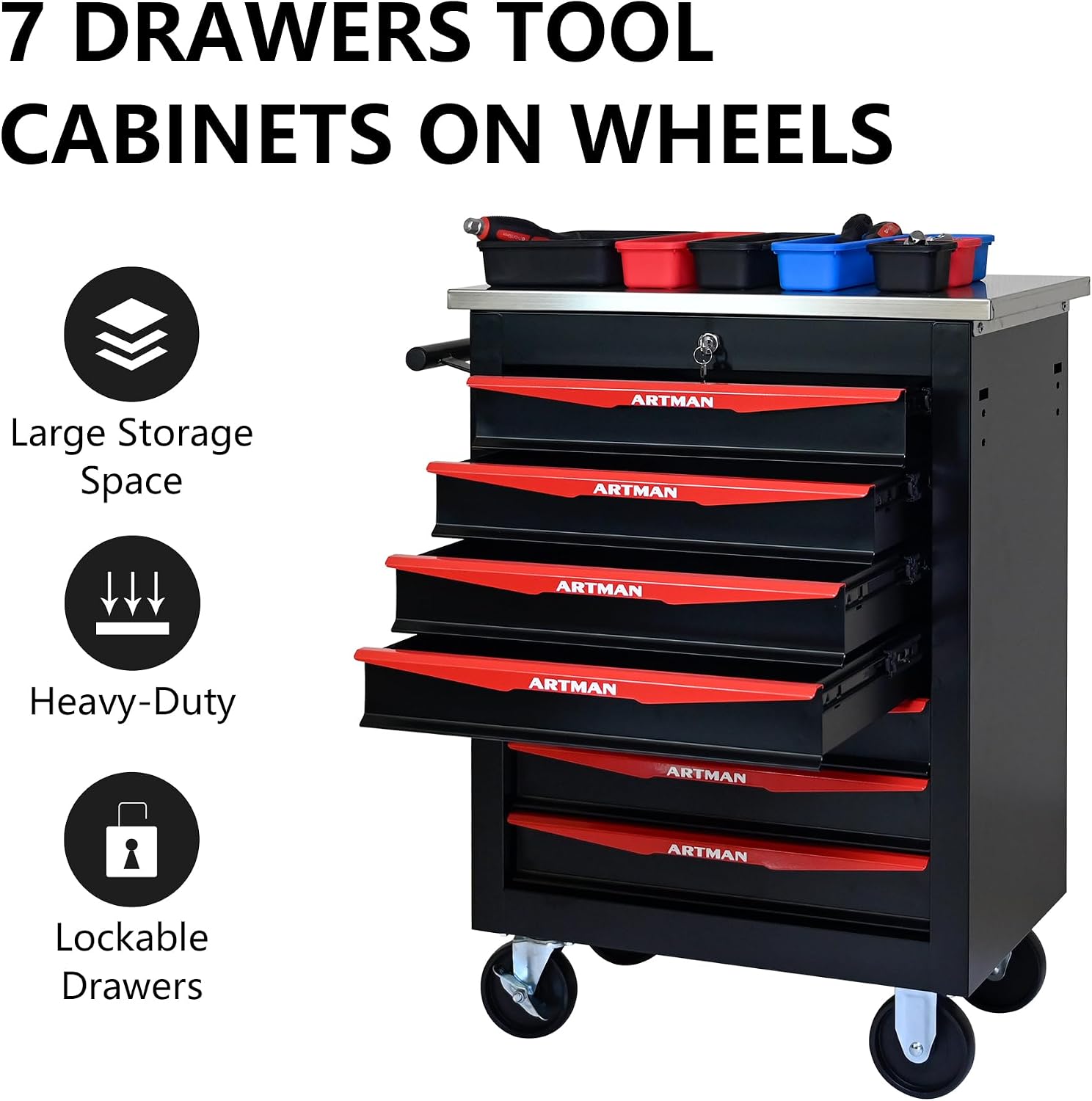 Campfun 7 Drawer Tool Chest with Wheels, Rolling Tool Box Metal Tool Cart with Extra 7 Tool Storage Boxes, Tool Chest Workbench Tool Storage Cabinet for Garage Workshop Warehouse Repair Shop