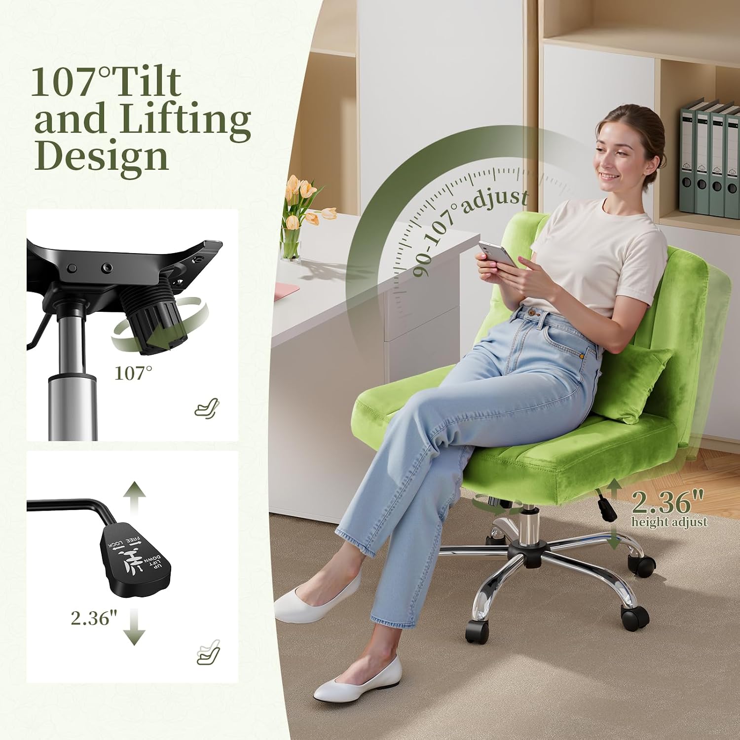 Warmiehomy Velvet Cross Legged Office Chair, Comfy Desk Chair for Home Office, Criss Cross Chair with Wheels, Height Adjustable Vanity Chair, Swivel Wide Seat Computer Chair Gift, Velvet Moss Green