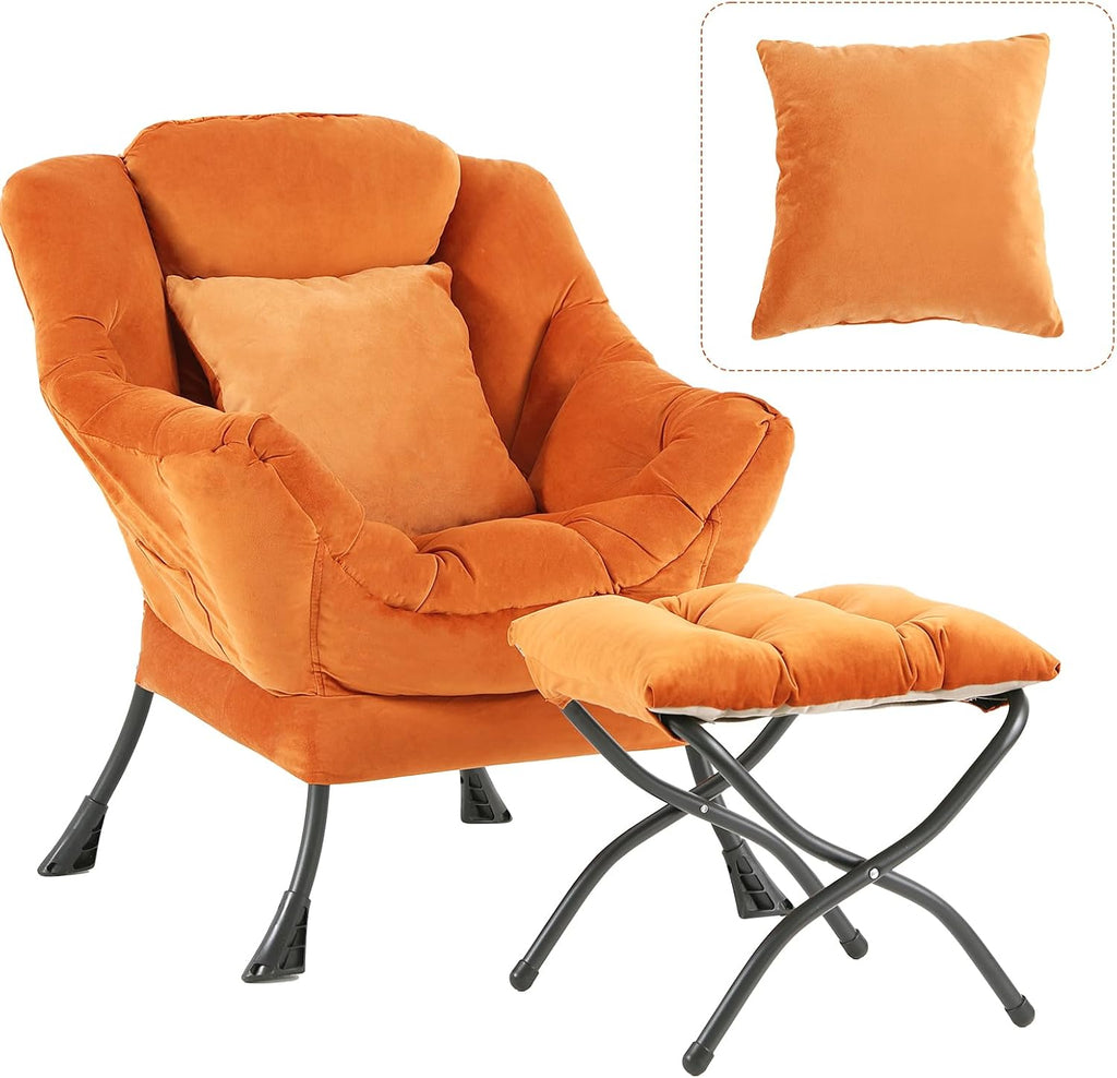 Tangerine Lazy Chair with Ottoman, Large Velvet Accent Chair with a Throw Pillow, Comfy Leisure Sofa Chair for Living Room Bedroom Dorm Room Office Apartment Reading Relaxing Use