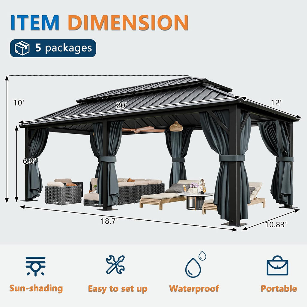 HOTEEL 12x20 Hardtop Gazebo with Metal Roof, Heavy Duty Galvanized Steel Gazebo, Reinforced Square Column, Flame-Resistant Curtains and Netting, Suitable for All-Weather,Black(Pro)