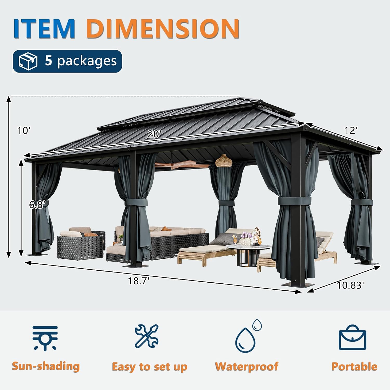 HOTEEL 12x20 Hardtop Gazebo with Metal Roof, Heavy Duty Galvanized Steel Gazebo, Reinforced Square Column, Flame-Resistant Curtains and Netting, Suitable for All-Weather,Black(Pro)