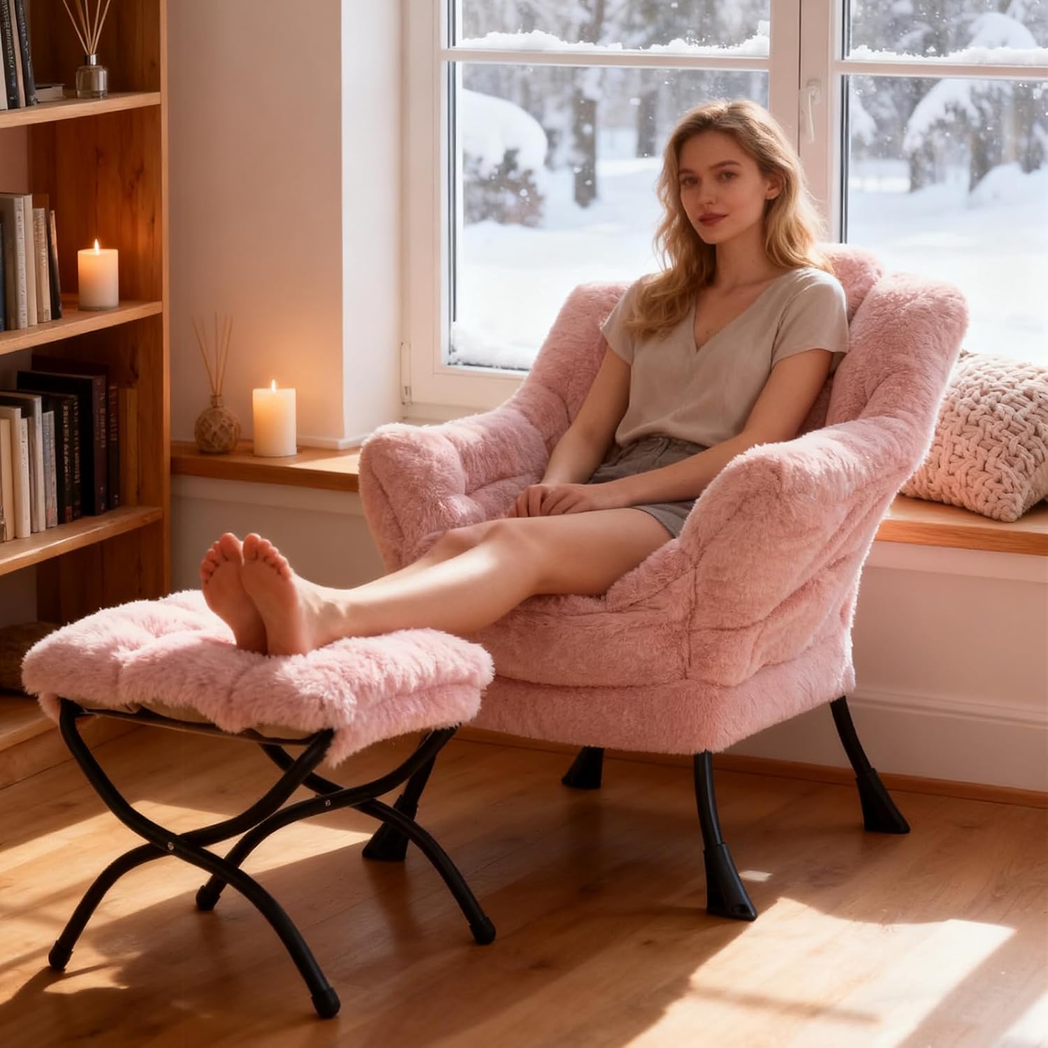 Welnow Lazy Chair with Ottoman, Modern Accent Chair with Armrests and a Side Pocket, Leisure Sofa Armchair Set, Reading Armchair with Footrest for Small Space, Plush Pink