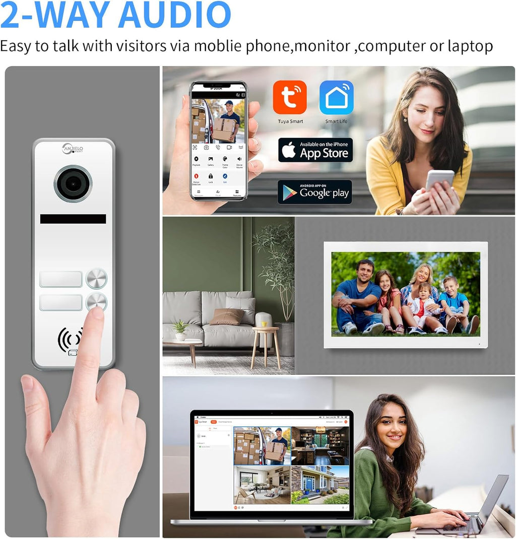 Wired Apartment Video Intercom System 2 Units 10 Inch Touch Monitor Wireless WiFi Video Doorbell,Video Door Phone Kit, Monitoring,3 in 1 Unlock,Dual Way Audio for Home (White doorbell+white monitor)