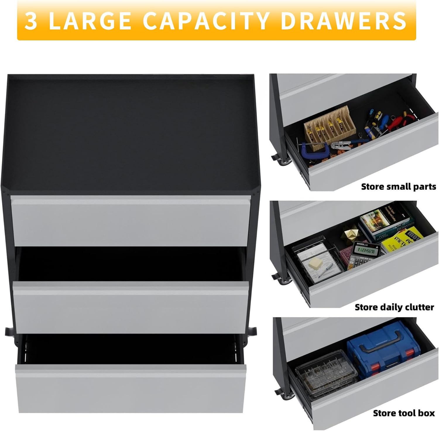 3 Drawer Garage Storage Cabinet on Wheels, Small Metal Tool Cabinet with Drawers, Tool Chest for Home, Office, Workshop, Utility Room, Assembly Required, Black/Gray
