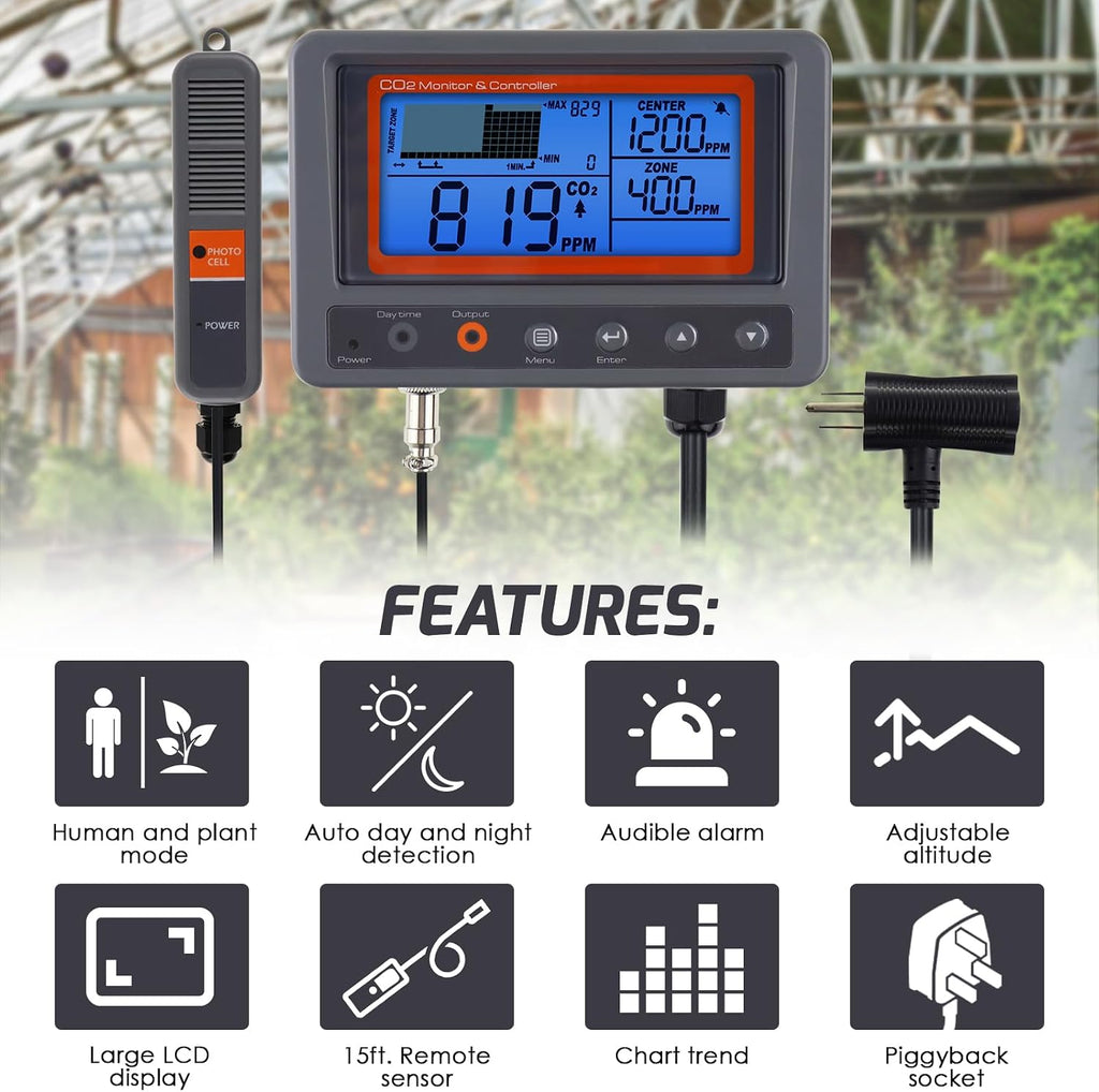 CO2 Controller Carbon Dioxide Controller CO2 Meter Monitor Day and Night Relay Function, NDIR CO2 Sensor for Green House, Grow Rooms, Factory, Home, Office