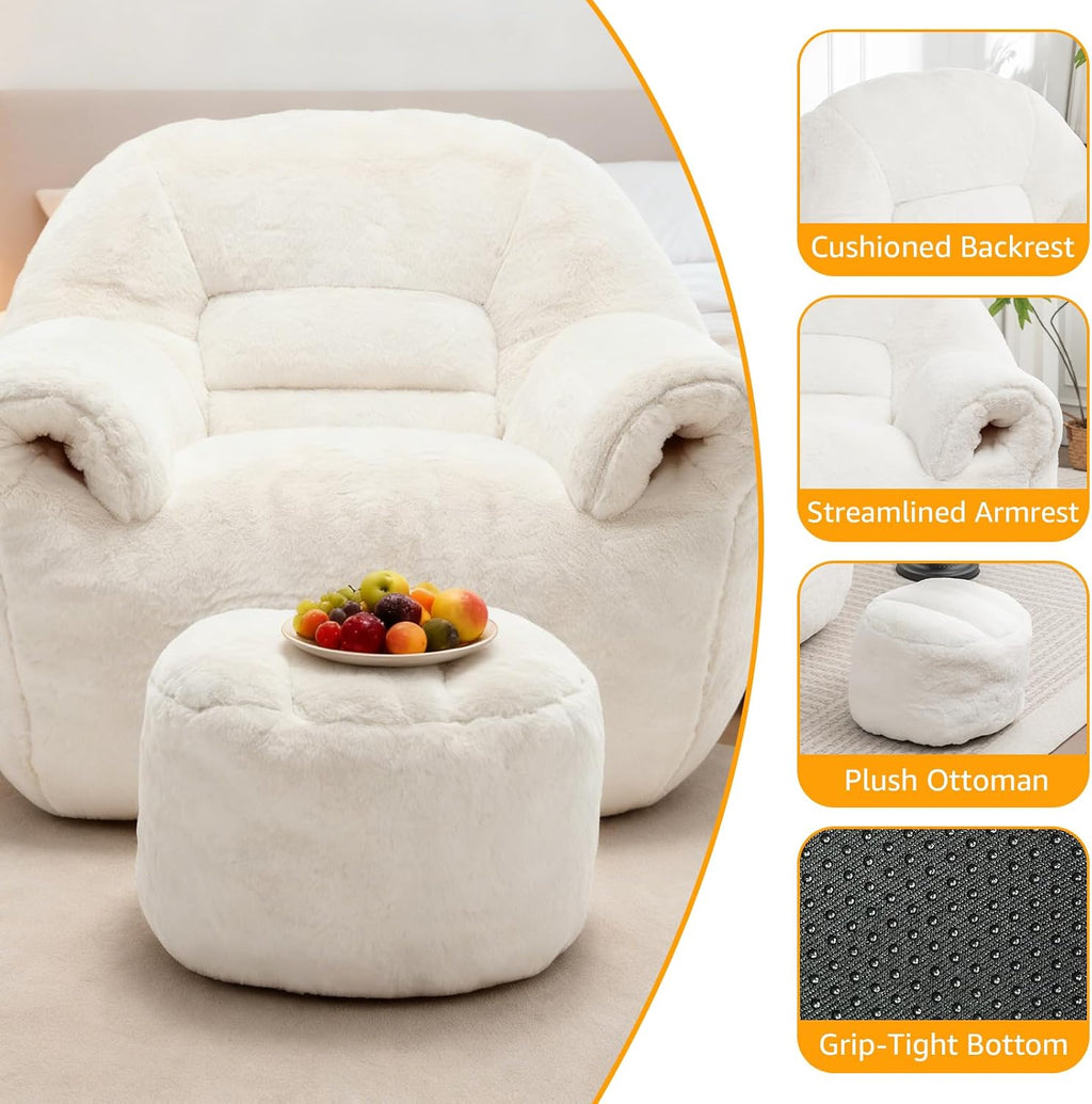 Large Bean Bag Chair with Ottoman, Giant Faux Fur Adult Bean Bag Sofa with Footrest, Ergonomic Lounge Couch for Bedroom, Living Room, Large Comfy Reading Chair Gaming (White, Single, Simple)