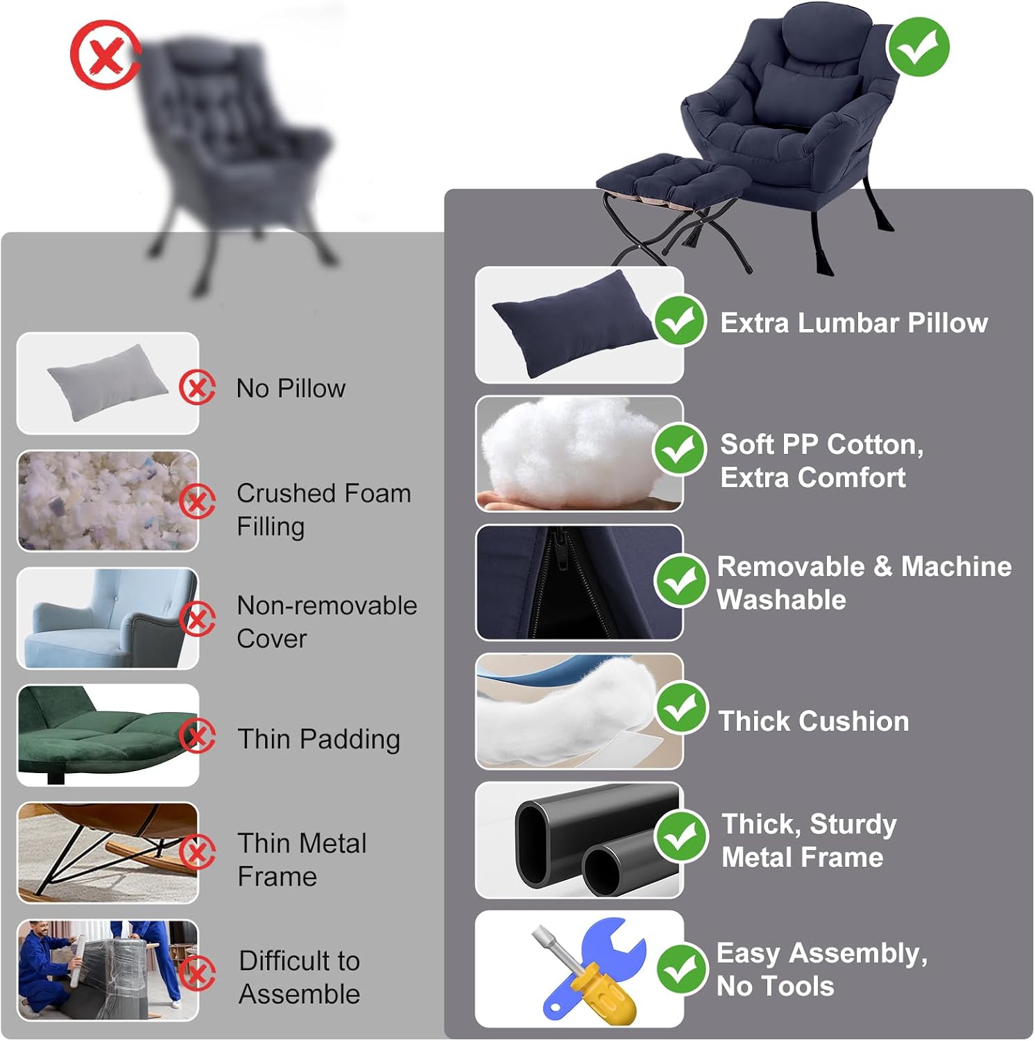 Lazy Chair with Ottoman, Modern Accent Chair with Lumbar Pillow, Navy Blue Sofa, Armchairs with Folding Footrest, Oversized Supportive Chairs for Bedroom, Reading
