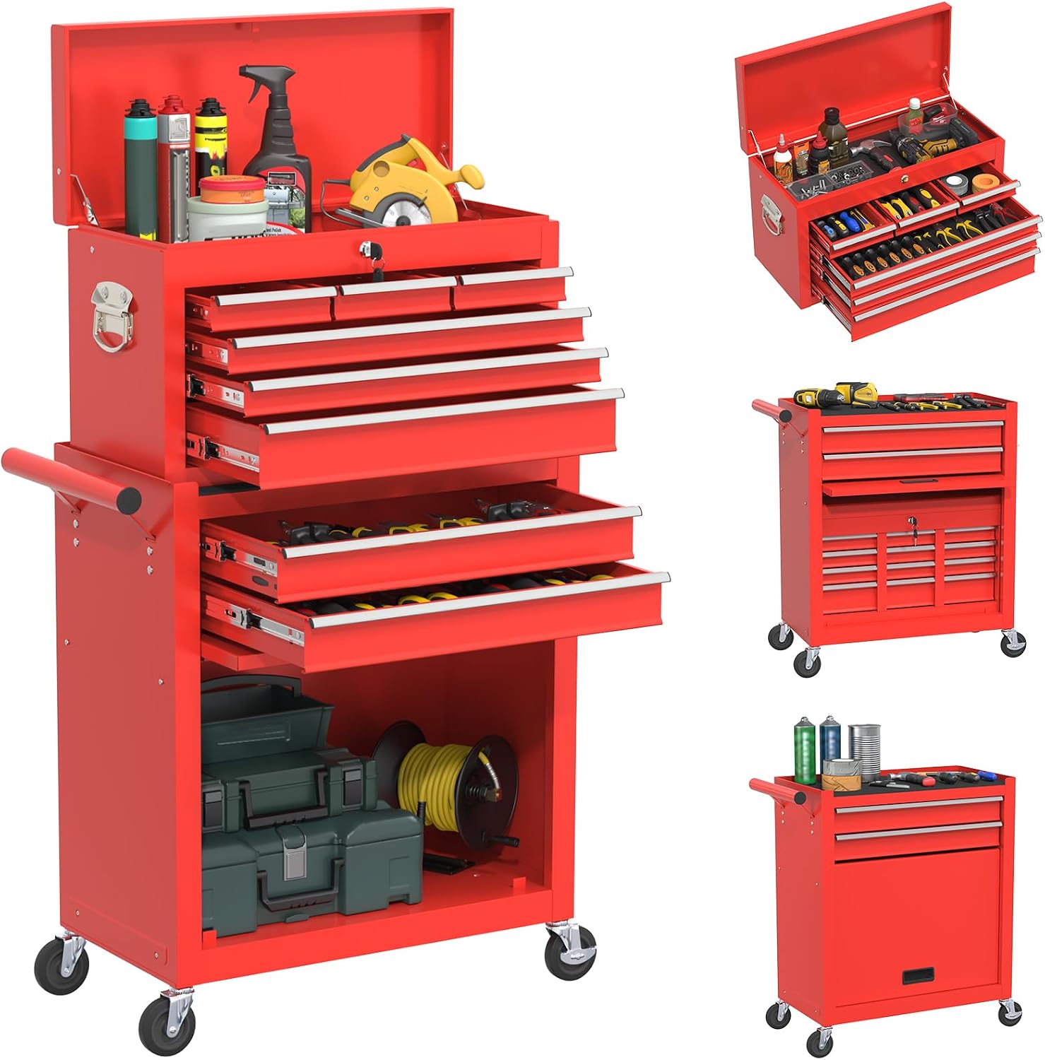 Rolling Tool Box with Wheels, 8-Drawer High Capacity Tool Chest with Wheels, Removable Storage Toolbox with Lock for Garage, Workshop (Red)