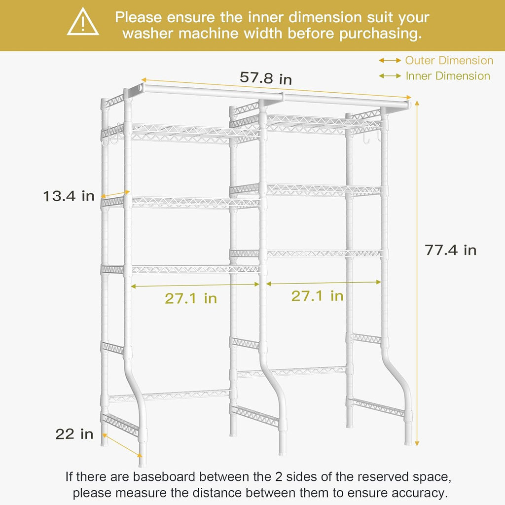 Ulif U13 Medium Over Washer and Dryer Storage Shelves, 6 Tiers Laundry Room Standing Shelf with 2 Hanger Rods, Space Saver Clothes Drying Rack, 57.8' W x 22' D x 77.4' H, White
