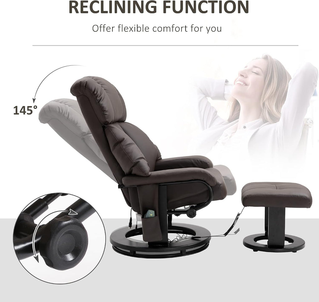 HOMCOM Massage Recliner Chair with Ottoman, 360° Swivel Recliner and Footstool, 10 Point Vibration, PU Leather Reclining Chair with Side Pocket and Remote Control, Brown
