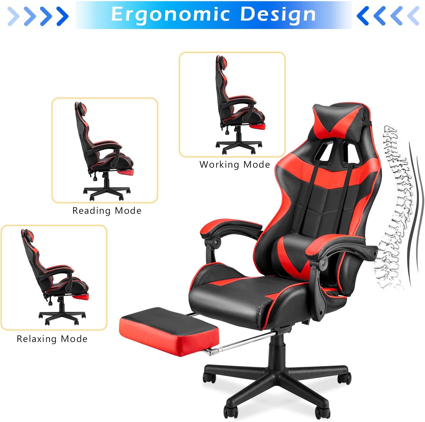 Soontrans Red Gaming Chairs with Footrest,Ergonomic PC Computer Game Chair,Home Office Desk Chair with Headrest and Lumbar Support Office Chair for Adult