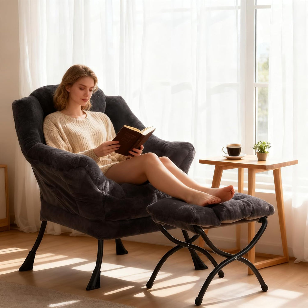 Welnow Lazy Chair with Ottoman, Modern Accent Chair with Armrests and a Side Pocket, Leisure Sofa Armchair, Reading Armchair with Footrest for Small Space, Plush Navy