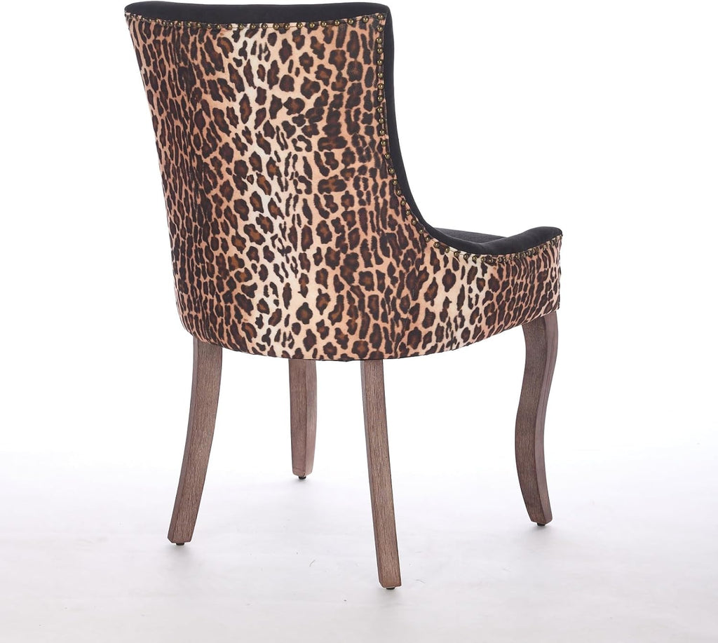 Ball & Cast Mid-century Upholstered Dining Chairs Set of 2, Thickened Fabric Wing Back Kitchen Side-Chairs with Bronze Nail Head & Toned Solid Wood Legs, Two Tone Traditional Chair,Black+Leopard Print
