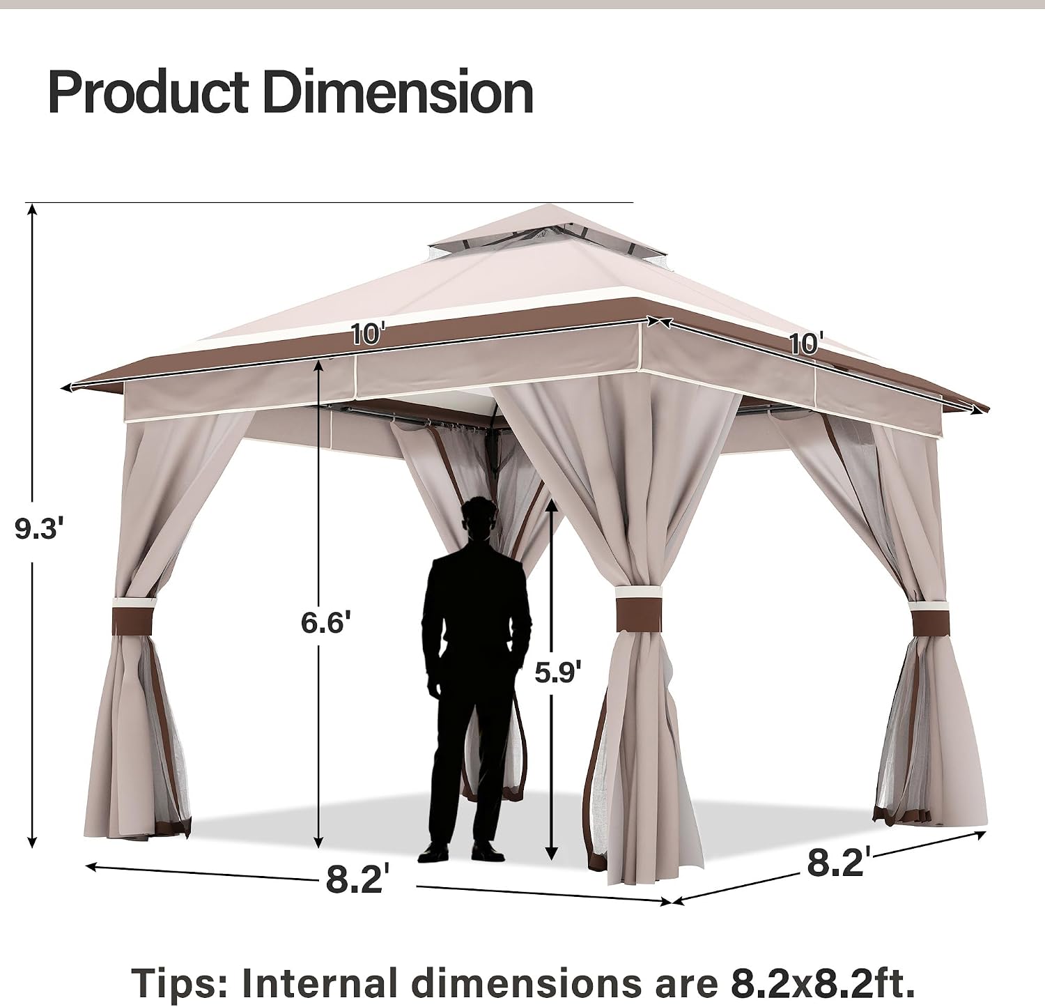 LAUSAINT HOME 10'x10' Outdoor Gazebo with 50FT String Lights, Metal Heavy Duty Patio Canopy Tent with Double Roofs, Mosquito Nettings and Privacy Screens for Backyard, Garden, Lawn, Classic Khaki