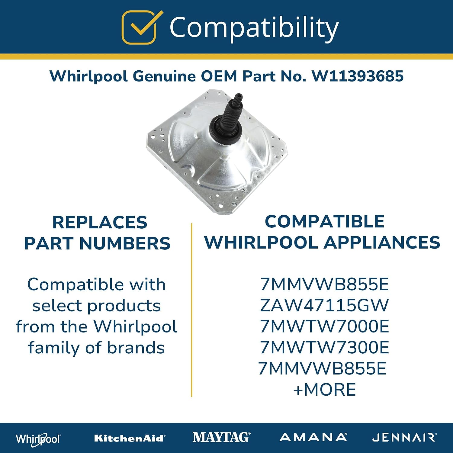 Whirlpool W11393685 Genuine OEM Top Load Washer Transmission Replacement Part - Replaces W10447976, W10811956, W10868473, W11134159, and more