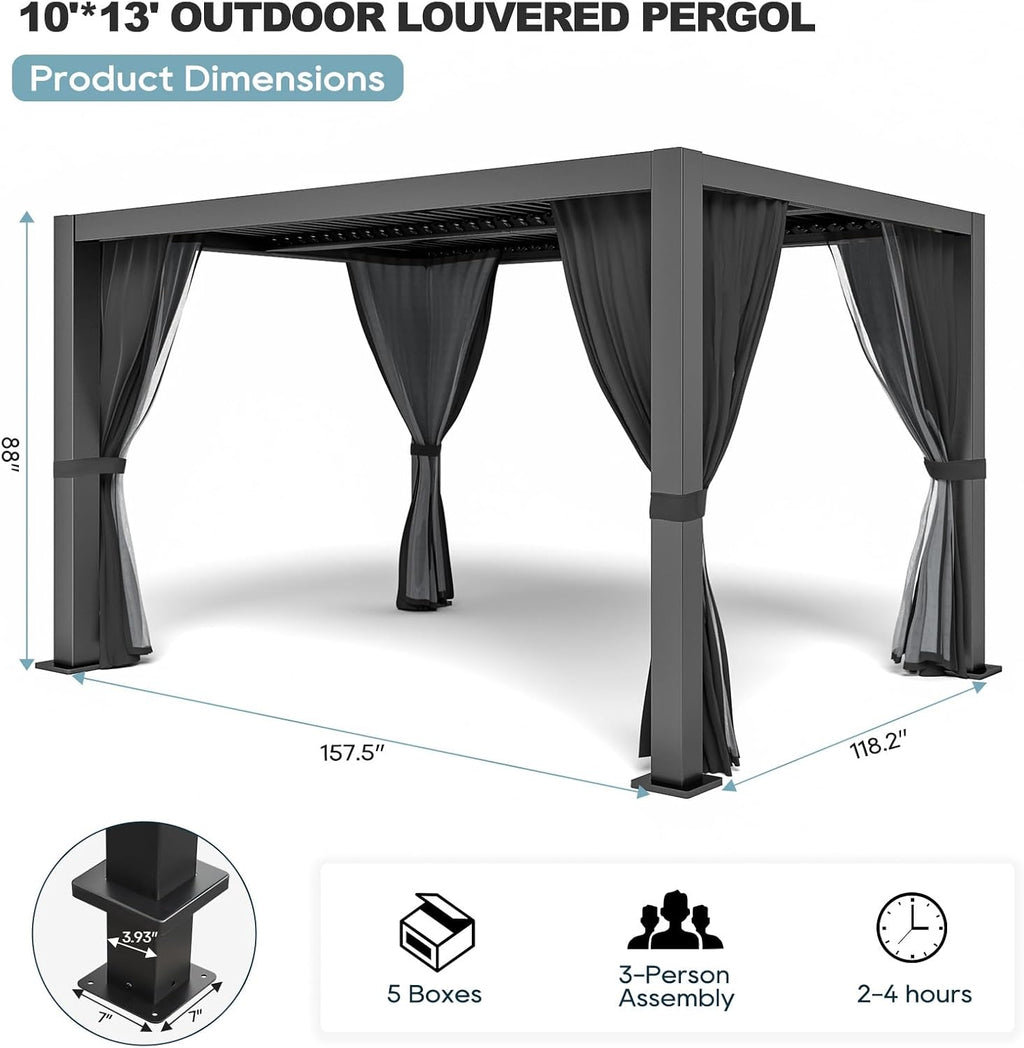 10' ×13' Louvered Pergola, Aluminum Outdoor Pergola with Privacy Curtains and Netting, Adjustable Roof Hardtop Gazebo, Waterproof Metal Patio Cover with Integrated Drainage System for Deck, Backyard