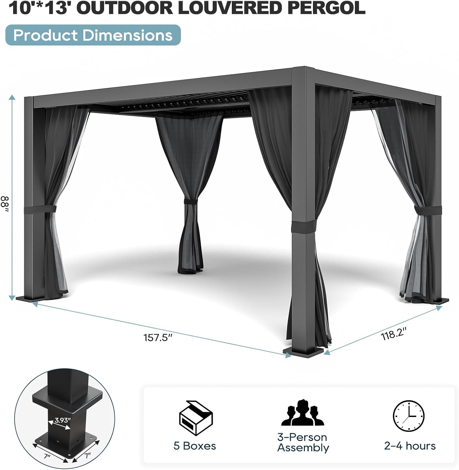 10' ×13' Louvered Pergola, Aluminum Outdoor Pergola with Privacy Curtains and Netting, Adjustable Roof Hardtop Gazebo, Waterproof Metal Patio Cover with Integrated Drainage System for Deck, Backyard