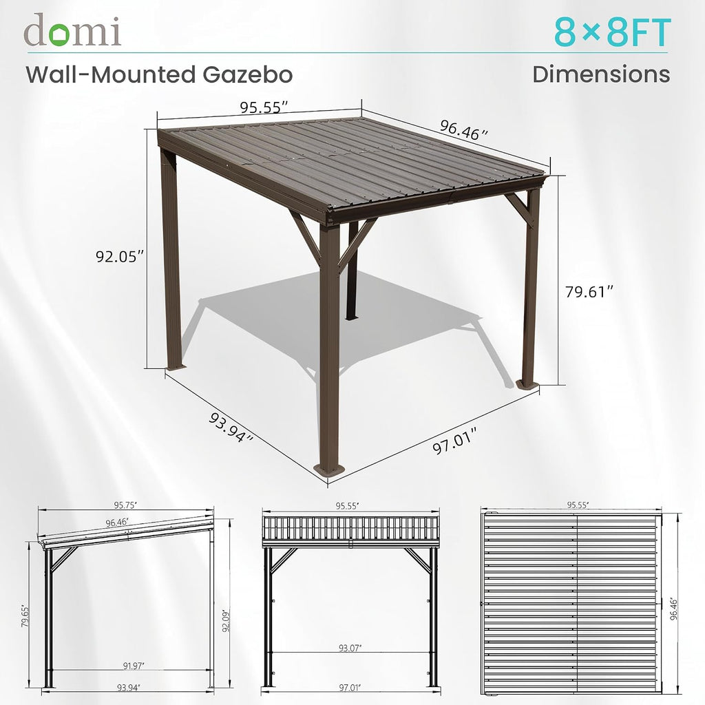 Domi 8' x 8' Lean to Gazebo, Wall Mounted Gazebos Pergola with Built in Drainage System, Galvanized Steel Roof, Hardtop Patio Shelter for Deck, Porch, Backyard and More,Brown
