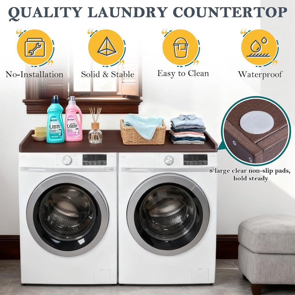 HDPE Washer Dryer Countertop, 54' x 27' Laundry Countertop with 2 Hooks & Non-Slip Pads, Washer and Dryer Topper for Laundry Room Organization, No-Installation(Brown)