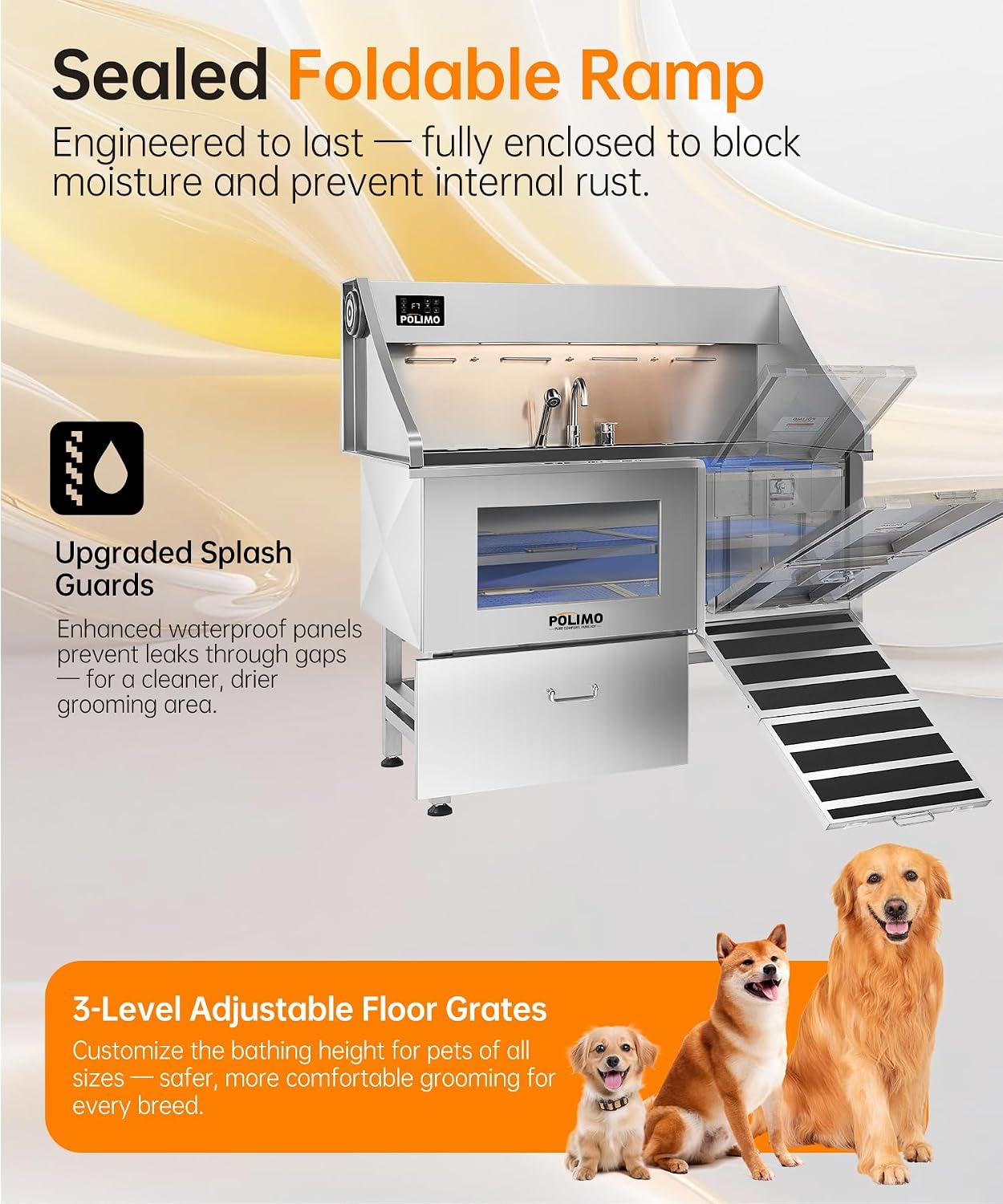 POLIMO Dog Washing Station with Built-in Pet Dryer and LED Display 50' (Right Ramp), 304 Stainless Steel Dog Bathtub for Large Medium Small Dogs, Wash and Dry Grooming Tub with Faucet, Storage Drawer