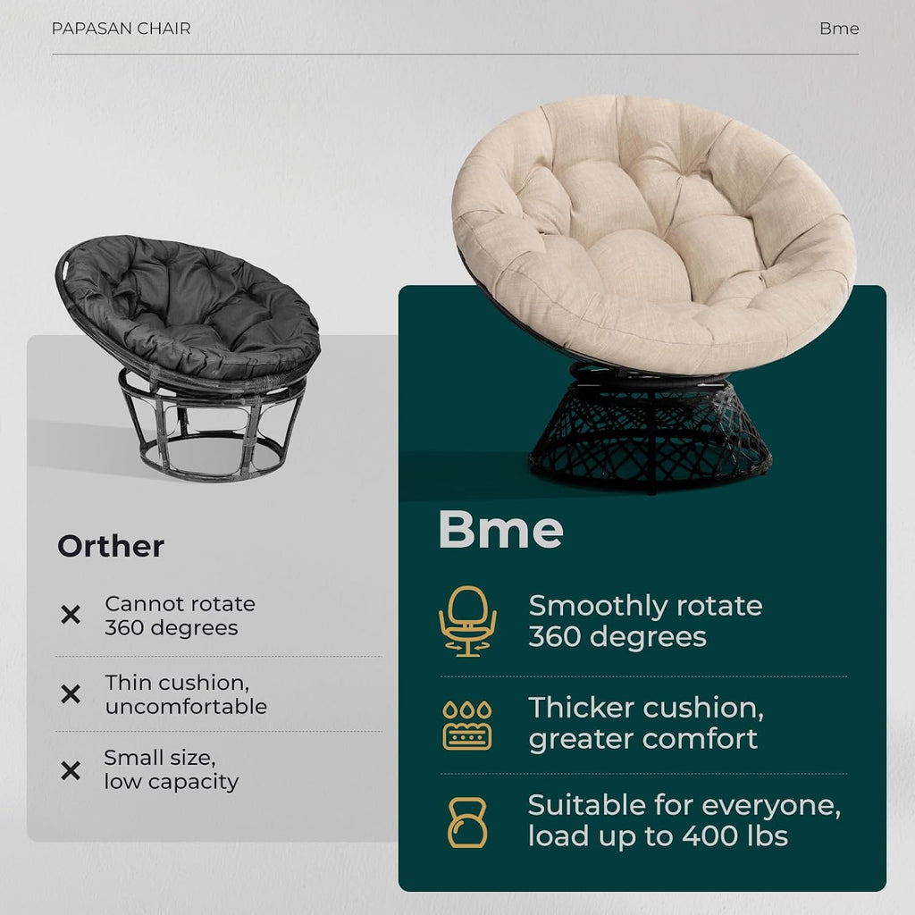 Bme 40' Ergonomic Wicker Papasan Chair with Soft Thick Density Fabric Cushion, High Capacity Steel Frame, 360 Degree Swivel for Living, Bedroom, Reading Room, Lounge, Sepia Sand - Black Base
