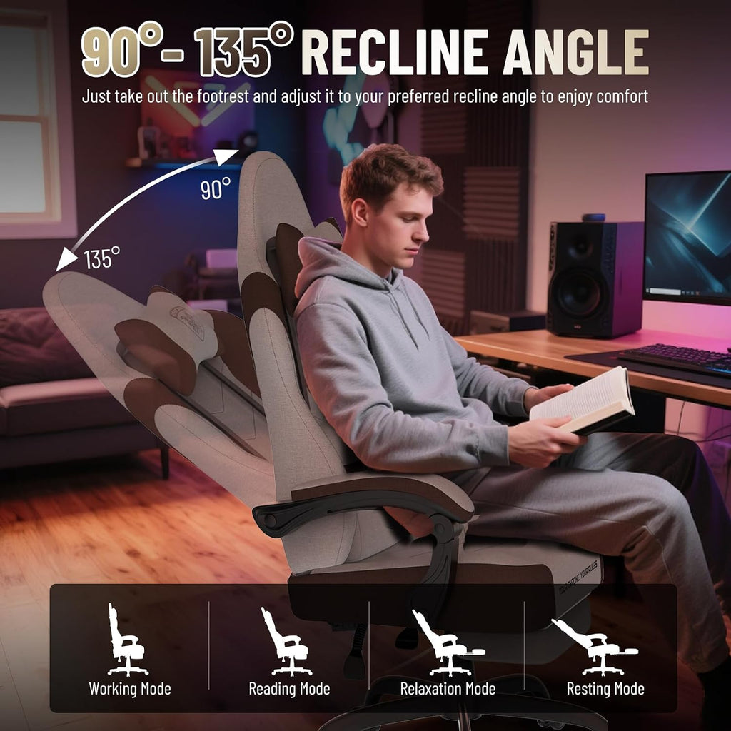 Soontrans Linen Fabric Beige and Brown Gaming Chair with Footrest, Ergonomic Computer Chair with Massage Lumbar Pillow,Gamer Chair with Adjustable Headrest, Comfortable Office Chair for Home & Gaming