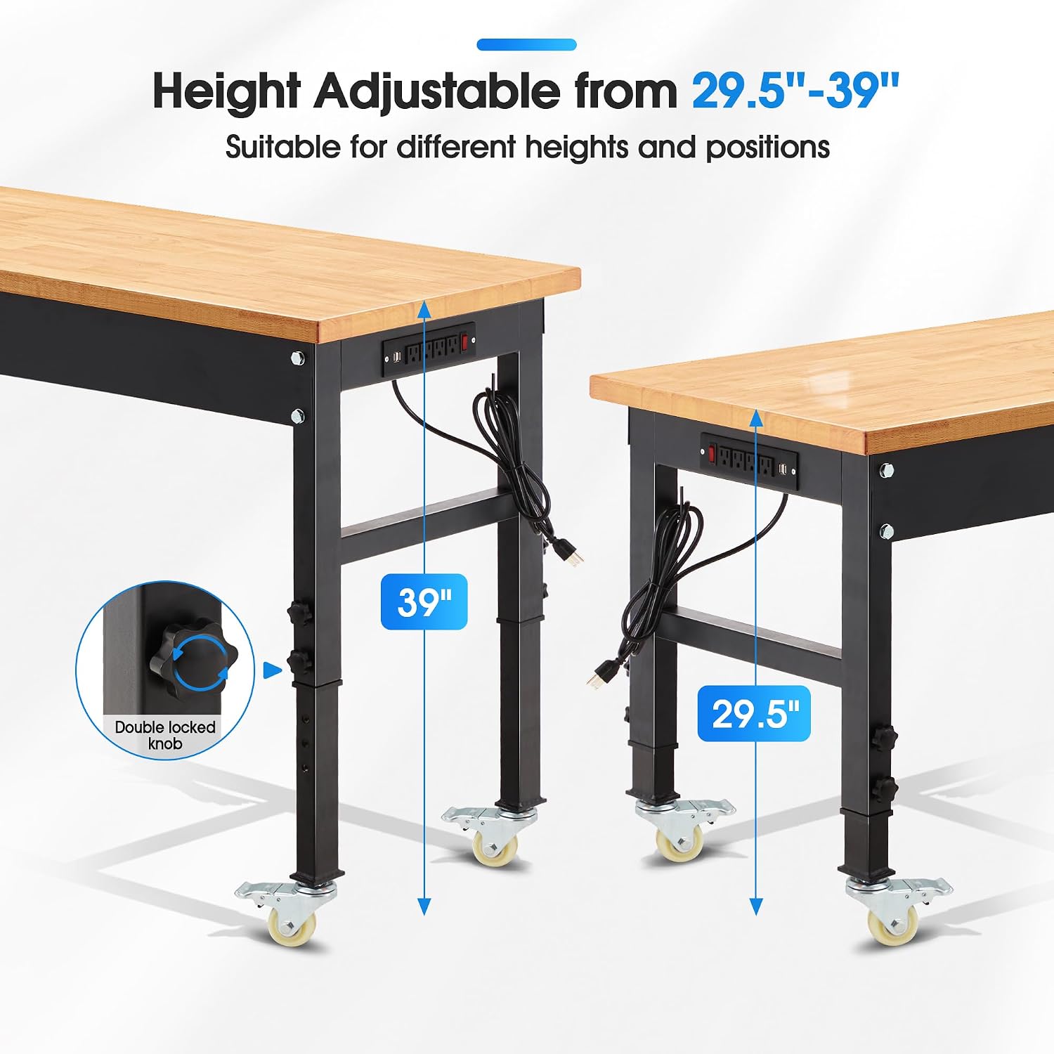 60'' Adjustable Workbench, 2000 LBS Load Capacity Heavy Duty Workstation with Power Outlets, Rubber Wood Top Worktable for Garage, Office,Workshop, Commercial