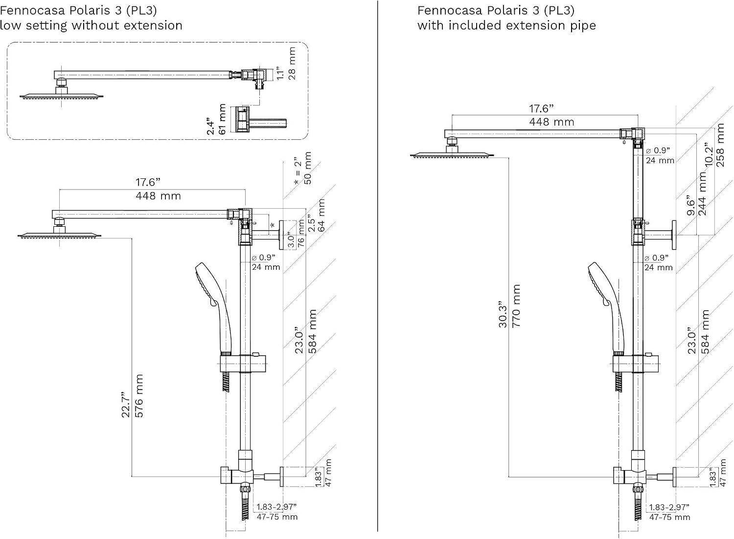 Fennocasa Polaris 3 Retrofit Rain Shower System, 3-Setting Handheld Shower Combo with Slide Bar, 8' Low Profile Shower Head (2.5 GPM Brushed Nickel)