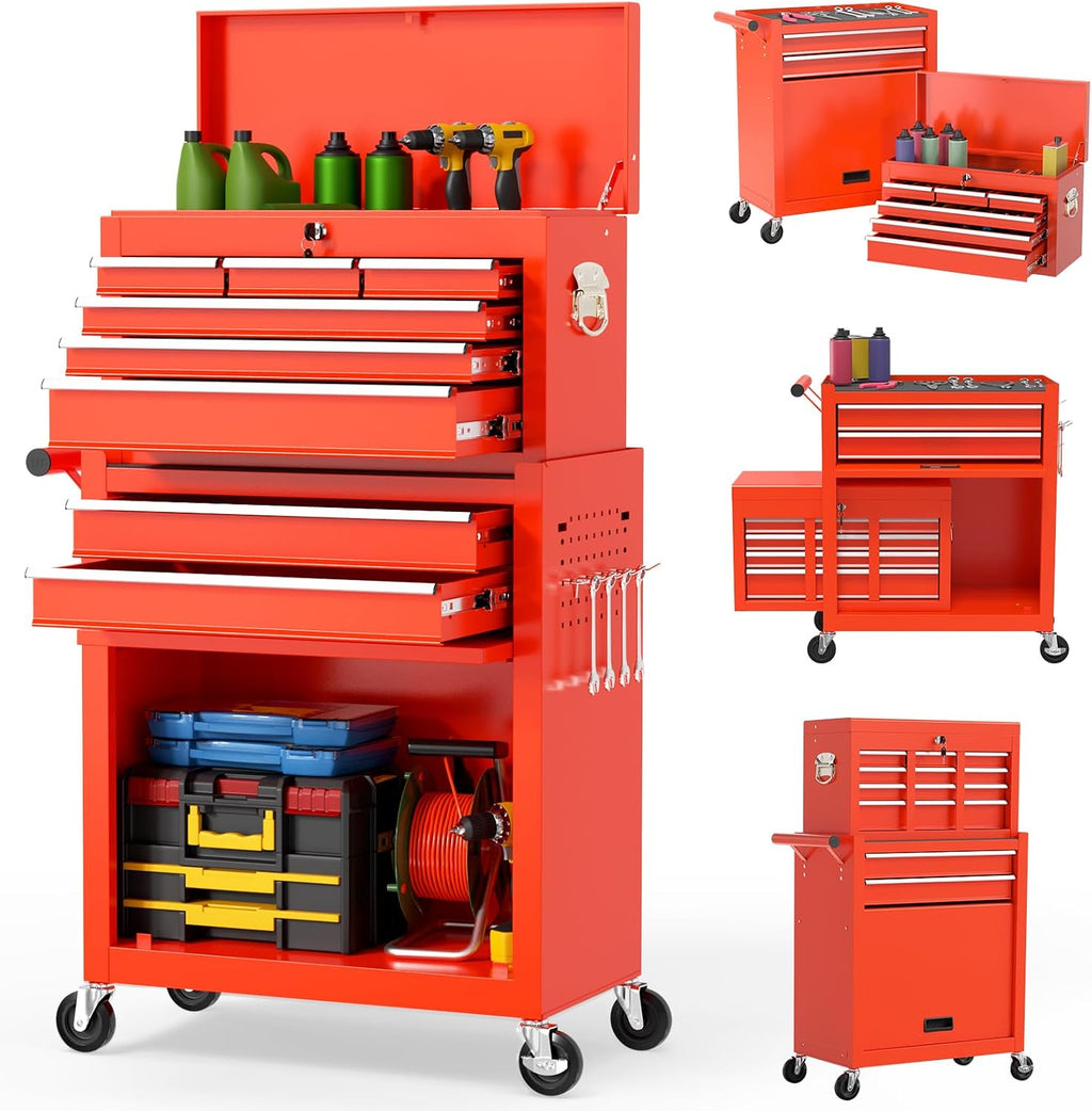 On Shine 8 Drawer Rolling Tool Chest, Large Capacity Rolling Tool Box with Wheels, Locking Mechanical Tool Chest, Portable Tool Box with Sliding Drawers,Metal Tool Box for Garage Workshop (Red)