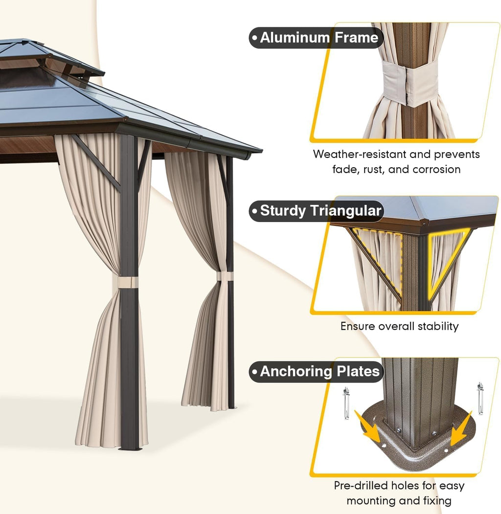MELLCOM 10 x 13ft Hardtop Gazebo, Polycarbonate Double Roof Aluminum Gazebo, Outdoor Waterproof Canopy with Netting and Curtains for Backyard, Deck, Patio