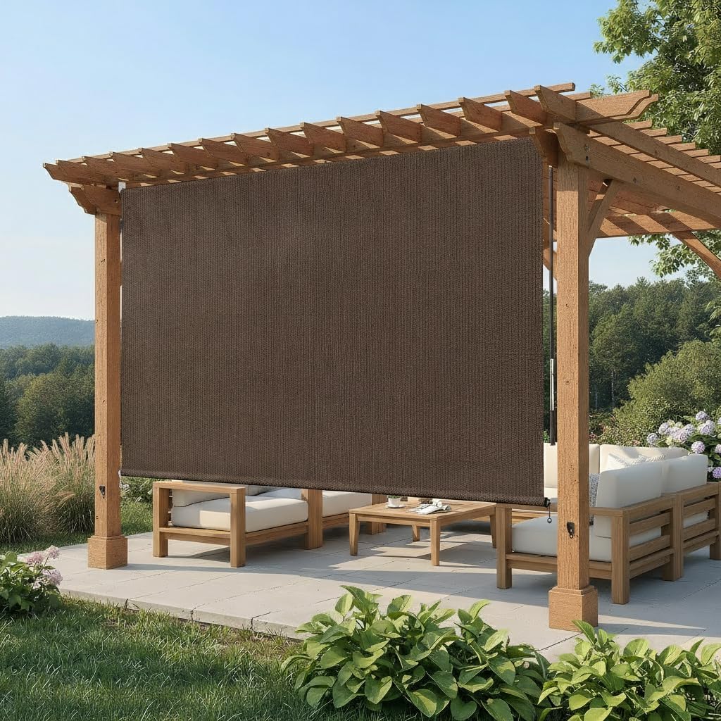 Shade&Beyond Outdoor Roller Shades with Splicing Design, 10' W x 8' H Exterior Cordless Patio Roll Up Blinds for Porch, Gazebo, Pergola, Balcony, Mocha