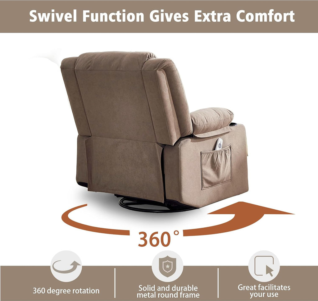 Ketaiyou Rocker Swivel Recliner Chair for Adults, Overstuffed Large Manual Recliner Glider with Massage and Heat, Comfy Soft Fabric Living Room Reclining Sofa Chair (Mocha)