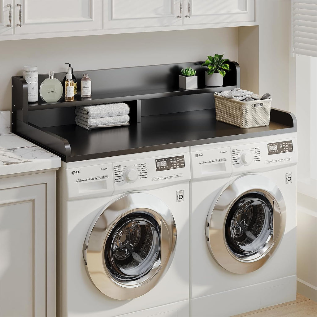 2-Tier Washer Dryer Countertop with 2.75'H Edge Rails, 54' W x 27.55' D Laundry Countertop for Folding Clothes, Washer and Dryer Topper with Non-Slip Pad (Black)