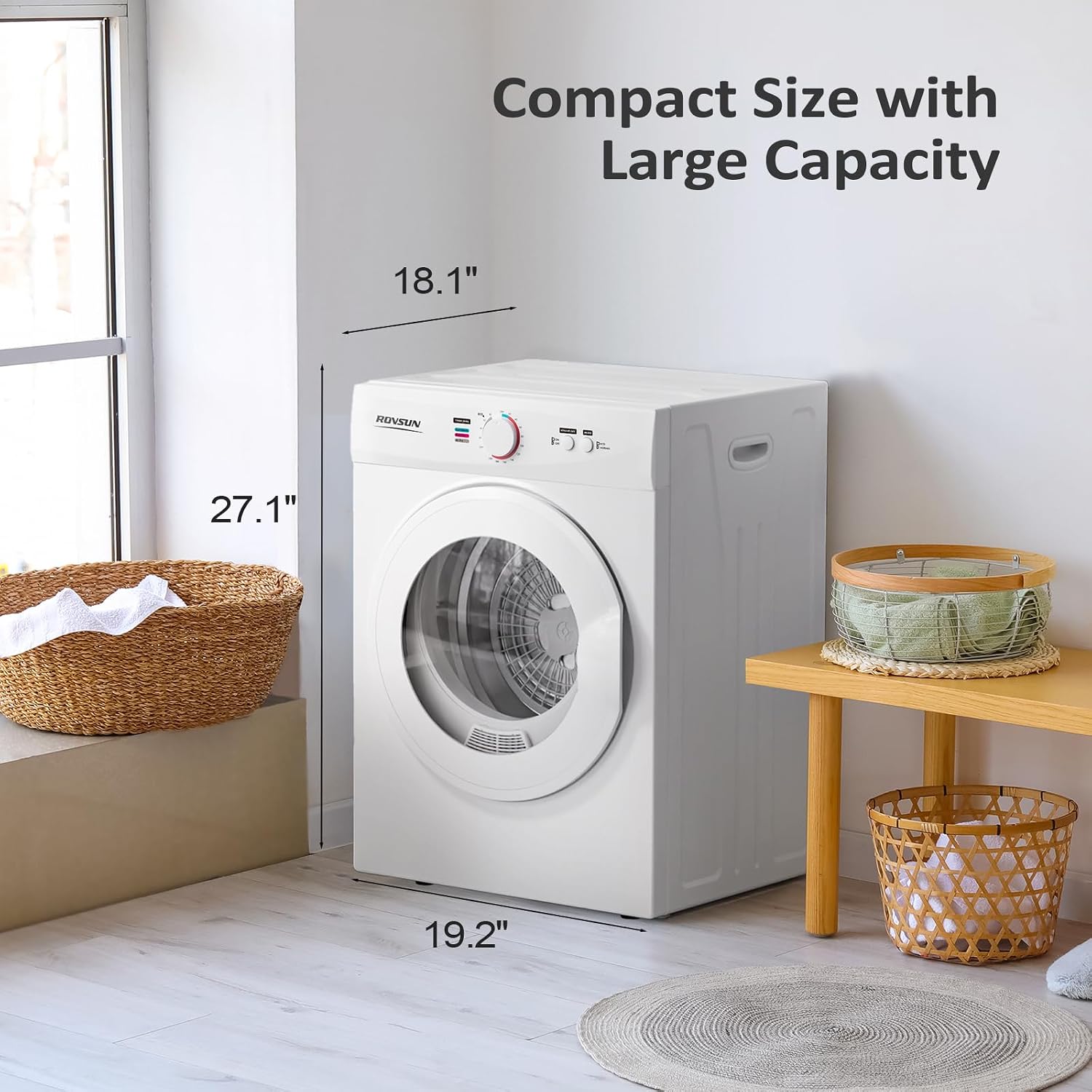 ROVSUN 1.8 Cu.Ft Portable Clothes Dryer, Front Load Dryer Machine, Compact Laundry Dryer with Stainless Steel Tub for Apartment, Home, Dorm (Classic Knob Control)