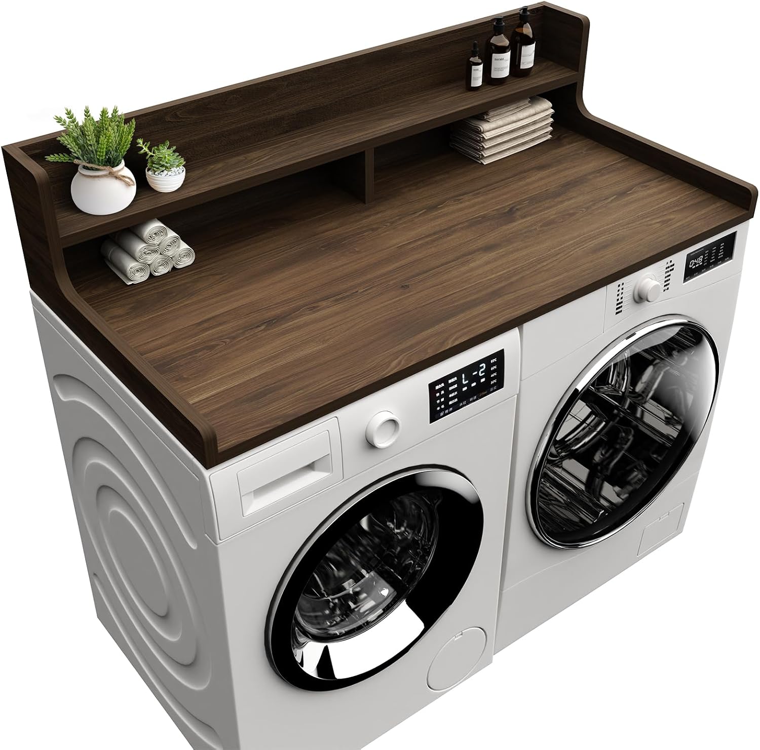 Washer Dryer Countertop, 54' x 27.55' 2-Tier Washer Dryer Topper with Edge, for Laundry Room Organization Walnut Brown