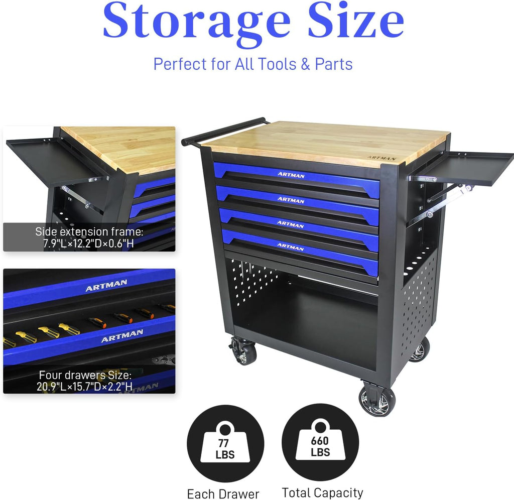 Rolling Tool Cart with 4-Drawer Wood Top Utility Tool Chest on Wheels Mechanic Tool Storage Organizer Cabinet for Garage, Warehouse, Workshop, Repair Shop (Blue)