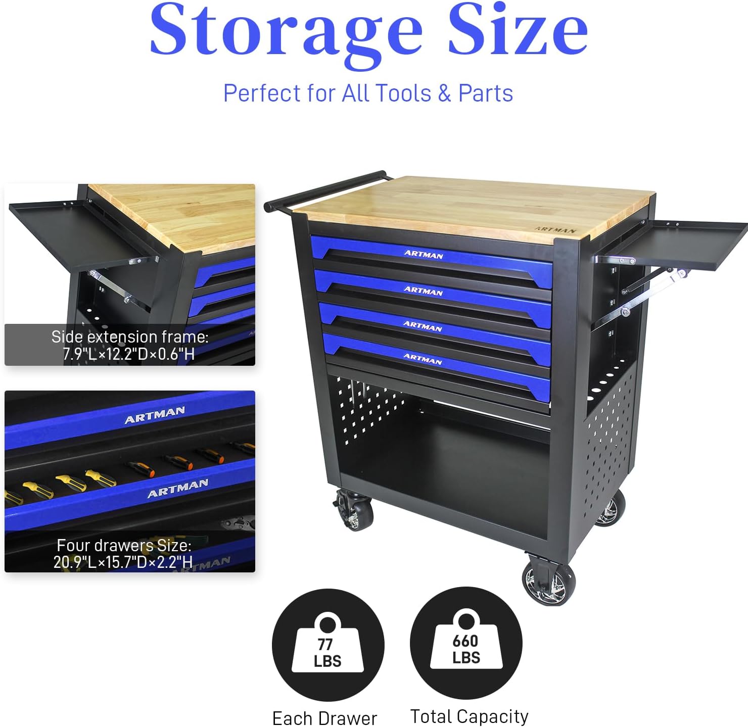 Rolling Tool Cart with 4-Drawer Wood Top Utility Tool Chest on Wheels Mechanic Tool Storage Organizer Cabinet for Garage, Warehouse, Workshop, Repair Shop (Blue)