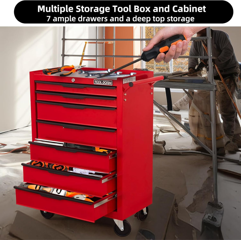 7-Drawer Rolling Tool Chest with Locking Wheels & Drawers, 13' D x 24.2' W x 34.6' H Mobile Tool Storage Cabinet, Heavy-Duty Garage Organizer w/Ergonomic Handle