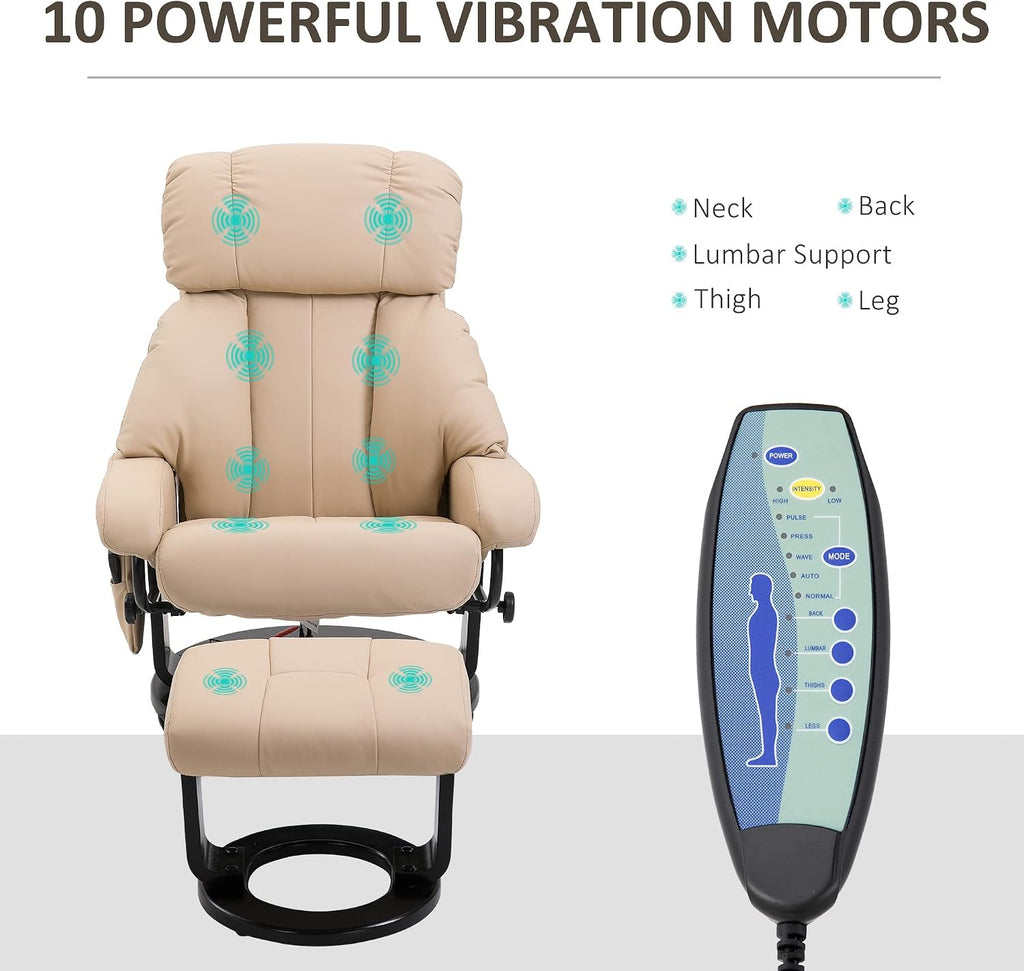 HOMCOM Massage Recliner Chair with Ottoman, 360° Swivel Recliner and Footstool, 10 Point Vibration, PU Leather Reclining Chair with Side Pocket and Remote Control, Beige