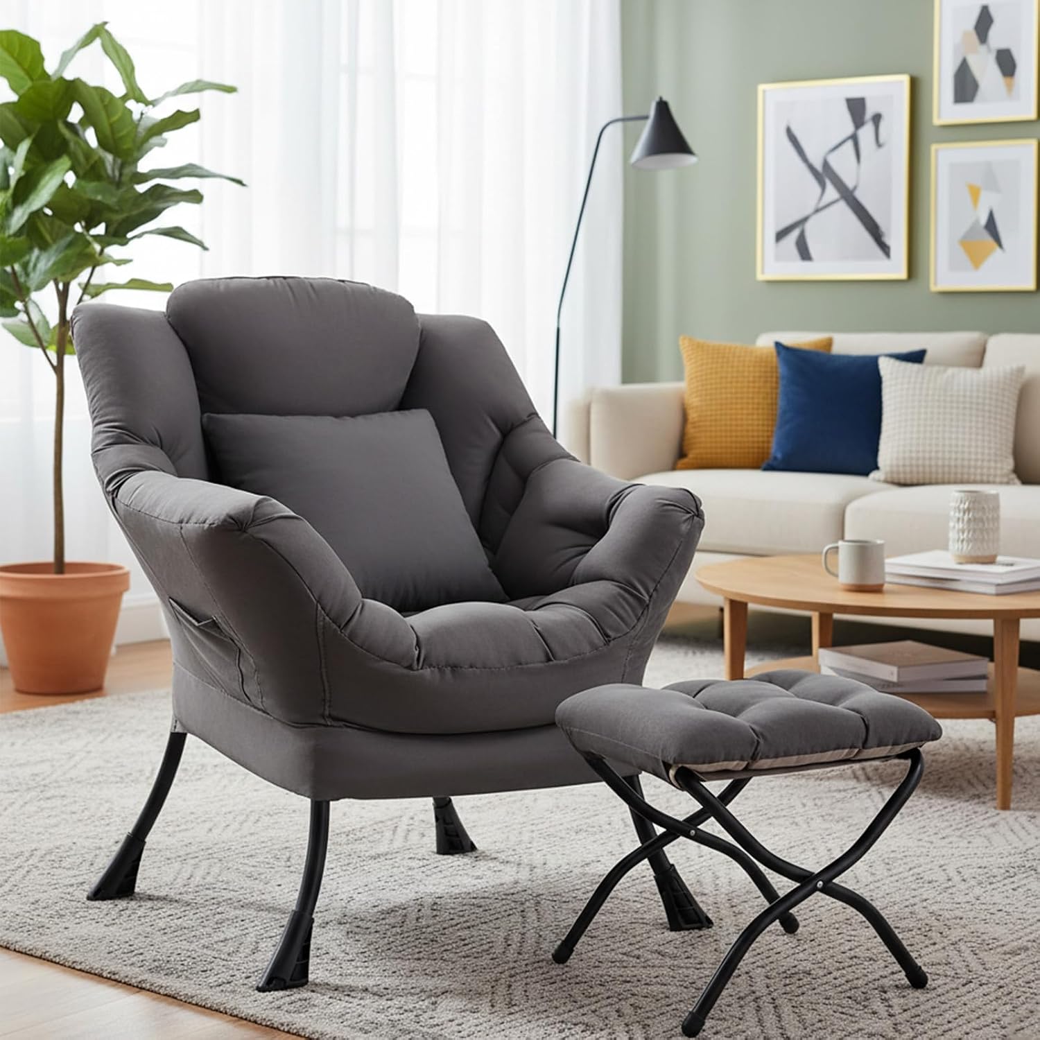 Lazy Chair with Ottoman, Large Accent Chair with Ottoman and a Throw Pillow, Dark Grey Reading Chair for Living Room Bedroom Dorm Room Office Apartment Relaxing Use