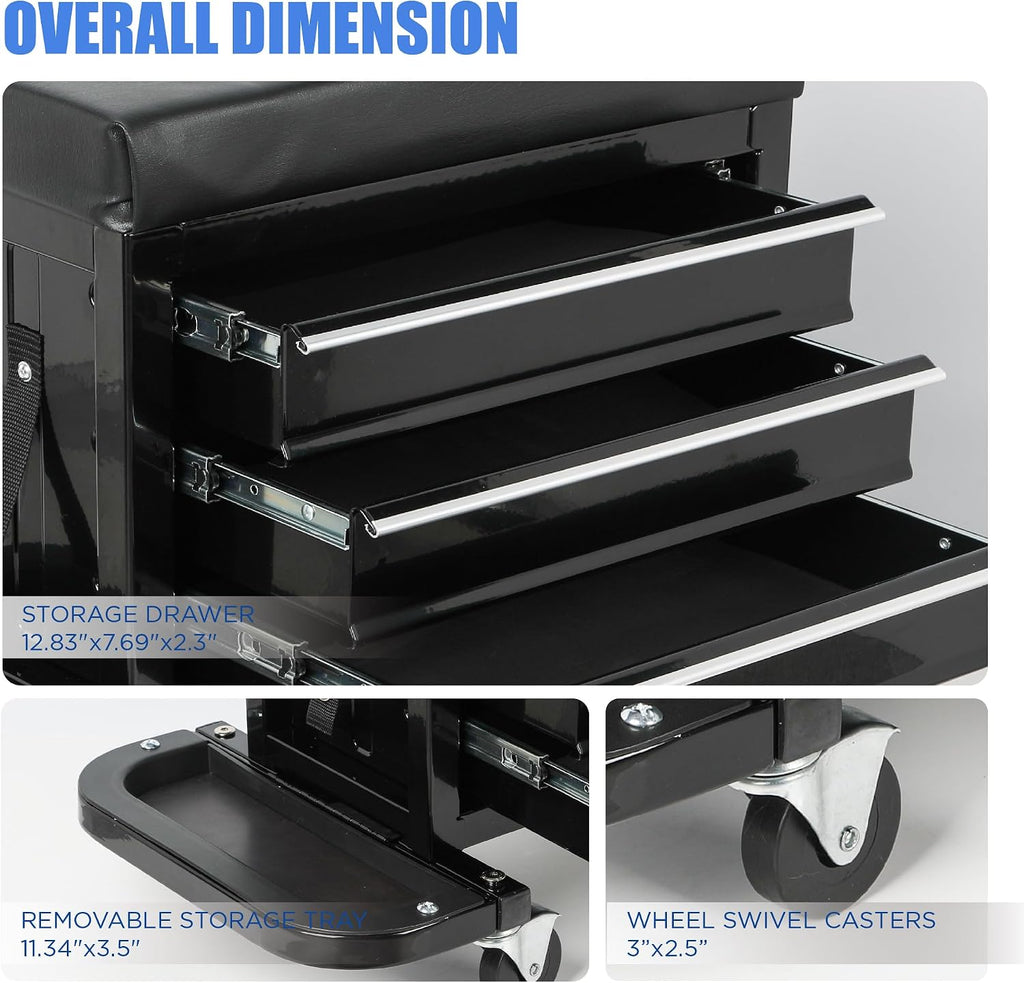 3-Drawer Tool Chest Rolling Mechanic Seat with Tool Trays, Rolling Tool Chest for Mechanics - Heavy-Duty Steel Construction, Padded Seat, Storage Tank, 350lbs Max Weight Capacity