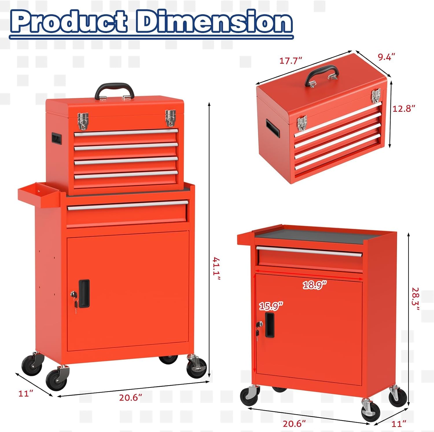 Rolling Tool Box with Wheels, 5-Drawer High Capacity Tool Chest with Wheels, Removable Storage Toolbox with Lock for Garage, Workshop