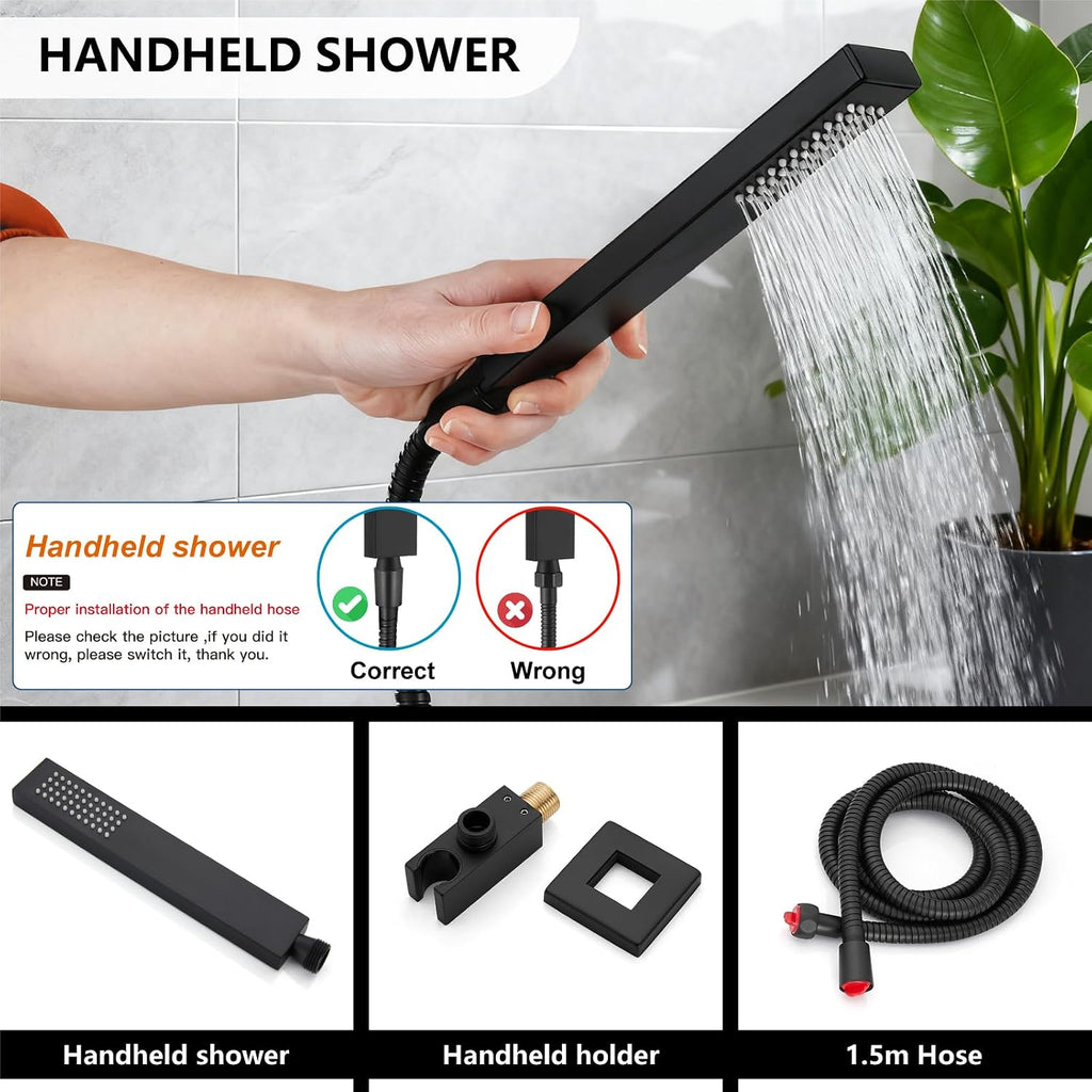 Midanya Shower System with Tub Spout,Bathtub Shower Faucet Set with Square Rainfall Head and Handheld Sprayer Wall Mount Tub Faucet Set with Valve and Trim Kit,10 Inch Matte Black
